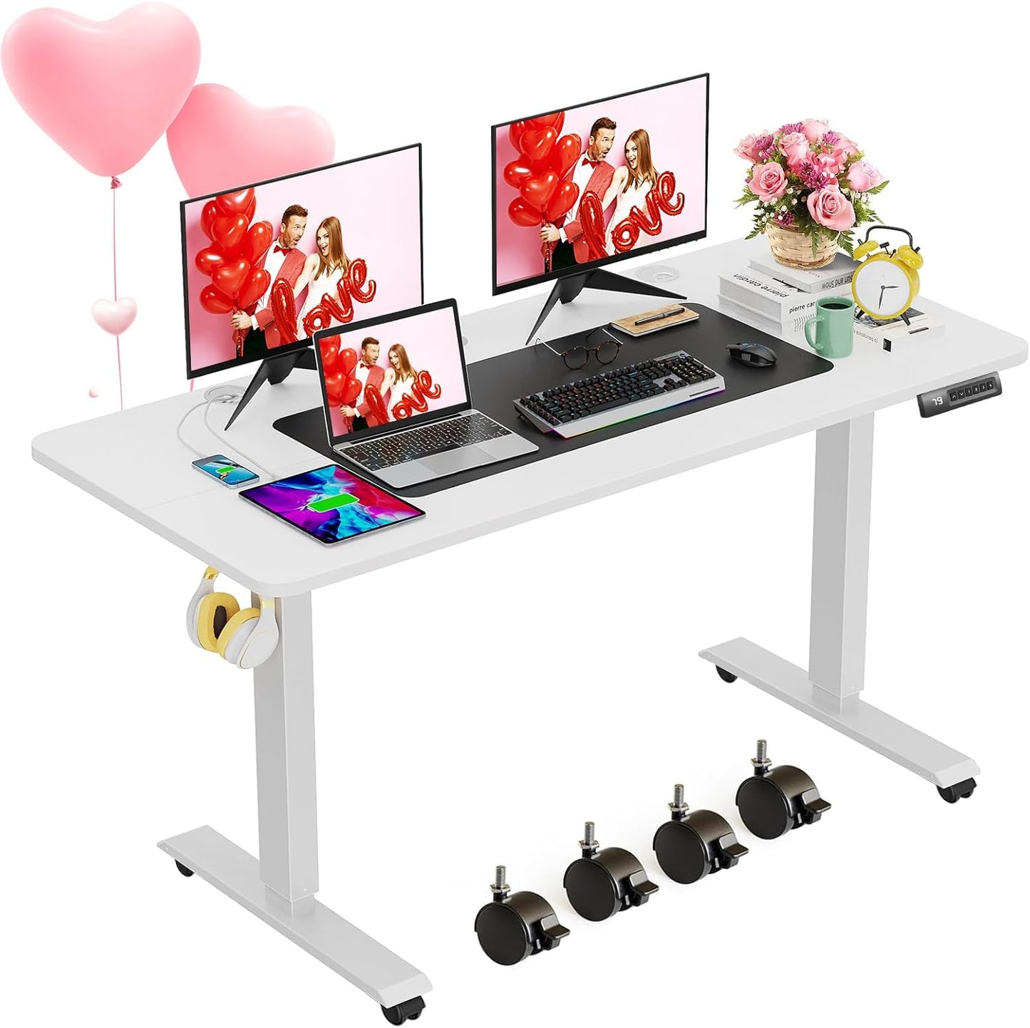 farexon Electric Standing Desk Adjustable Height, 63x24 Inches Computer Desk with Rolling Wheels, Mouse Pad,Spliced Table Tops,Multifunctional Stand up Desk for Home/Office(Oak Gray)
