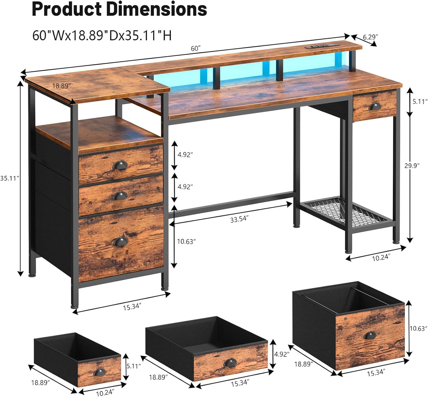 Furologee 60" Office Computer Desk with 4 Drawers,Gaming Desk with LED Lights and Power Outlets,Long Desk with Fabric File Cabinet,Study Work Table with Shelf for Bedroom Home Office,Rustic Brown