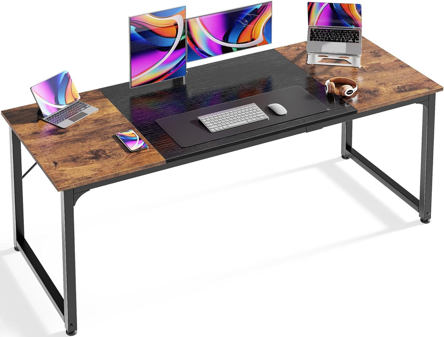 Huuger Computer Desk, 70 Inch Office Desk, Gaming Desk with Storage, Writing Desk Work Desk for Home Office, Study, Long Simple Desk, Large Legroom, Metal Frame, Rustic Brown and Black