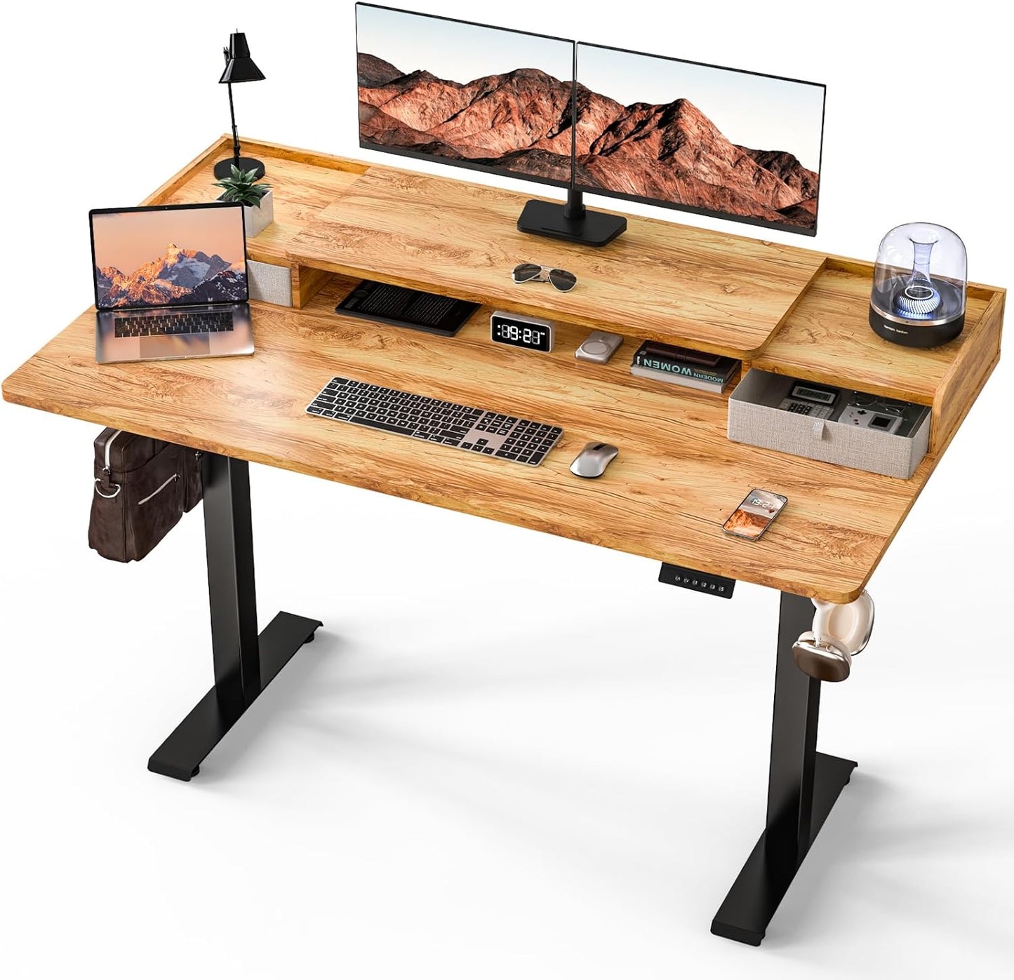 Electric Standing Desk with 2 Drawers 35''x 20'' Small Adjustable Height Sit to Stand Up Desk with Storage Shelf, C-Clamp Mount Compatible White Home Office Desks Computer Desk Ergonomic Workstation