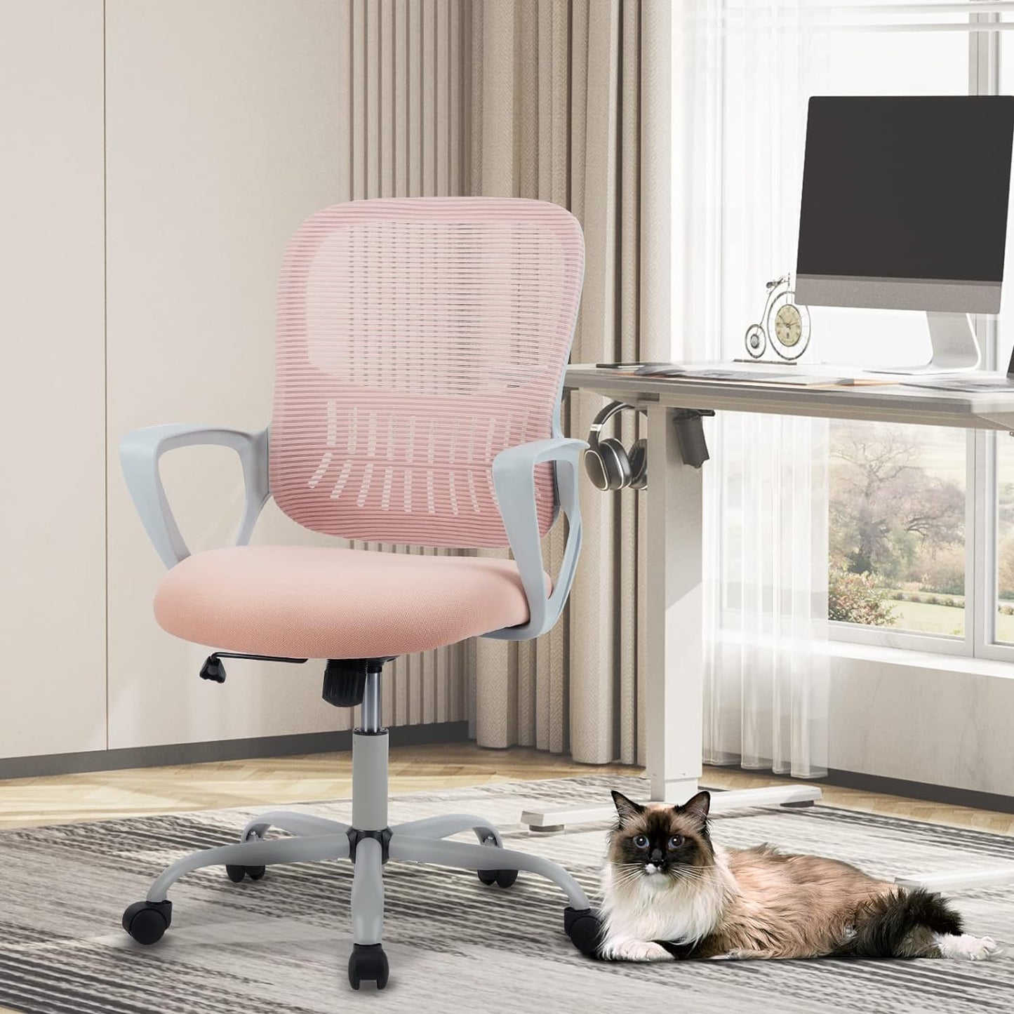 SMUG Office Computer Desk Chair, Ergonomic Mid-Back Mesh Rolling Work Swivel Task Chairs with Wheels, Comfortable Lumbar Support, Comfy Arms for Home, Bedroom, Study, Dorm, Student, Adults