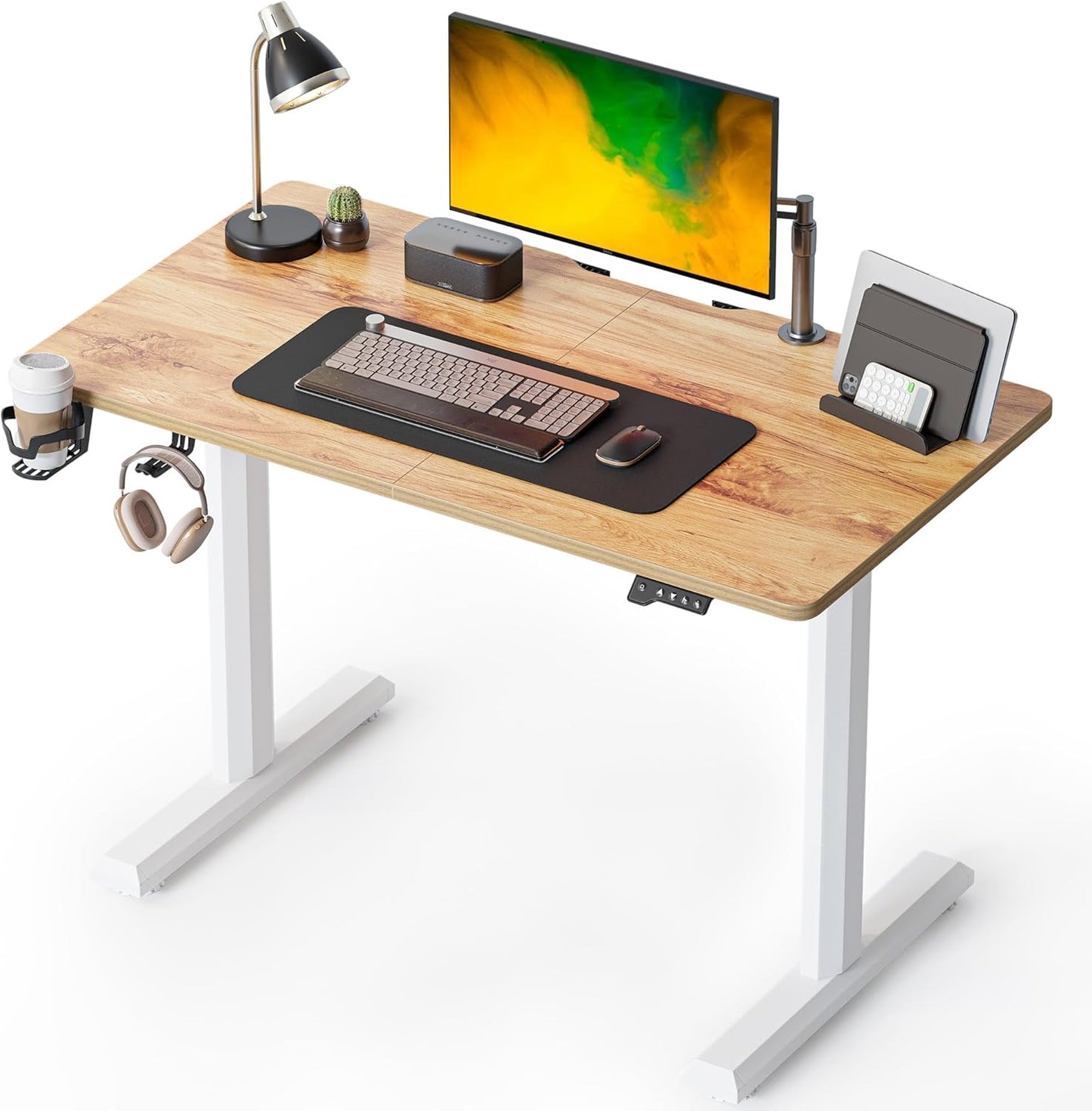 FEZIBO Height Adjustable Electric Standing Desk, 55 x 24 Inches Stand up Table, Sit Stand Home Office Desk with Splice Board, White