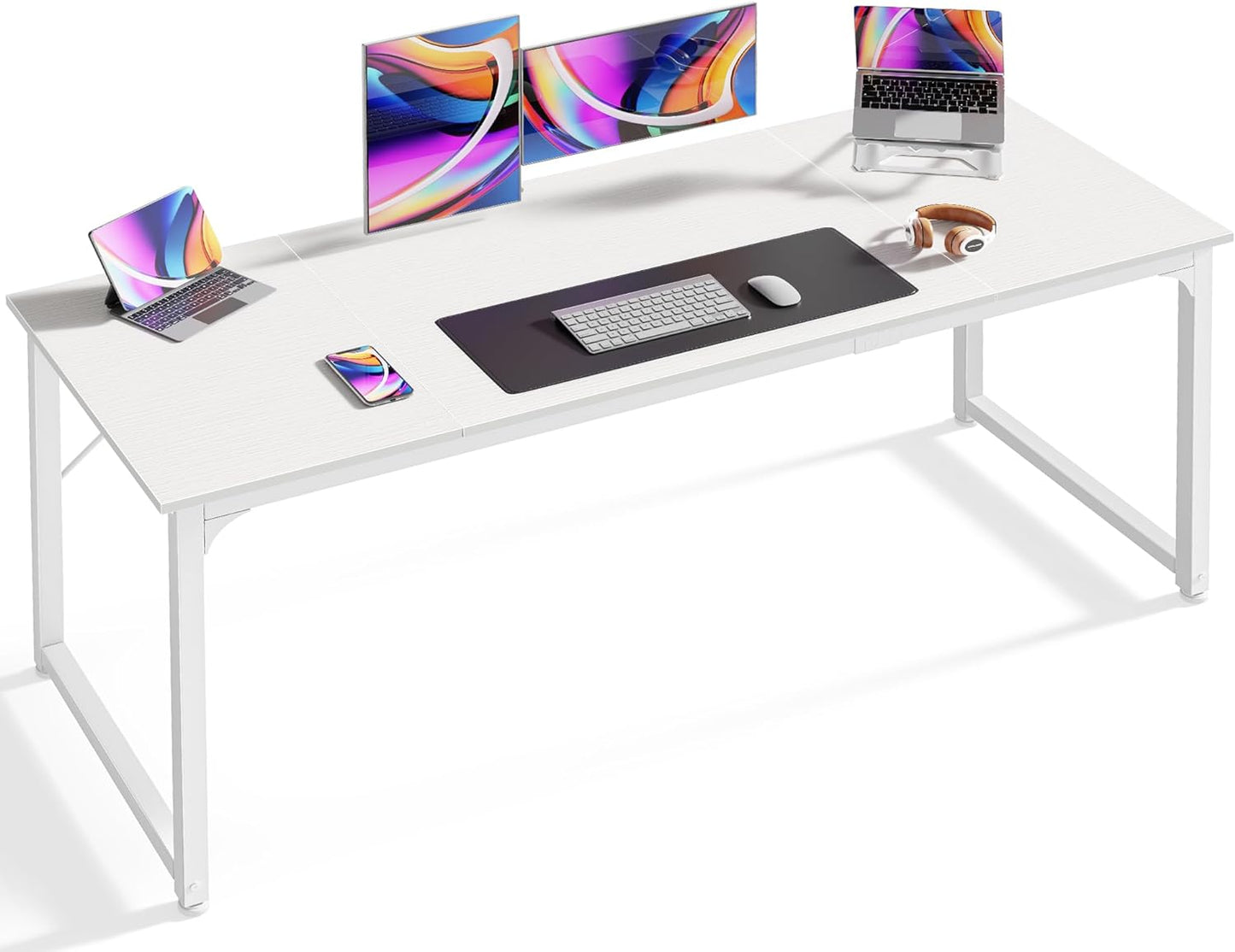 Huuger Computer Desk, 70 Inch Office Desk, Gaming Desk with Storage, Writing Desk Work Desk for Home Office, Study, Long Simple Desk, Large Legroom, Metal Frame, White