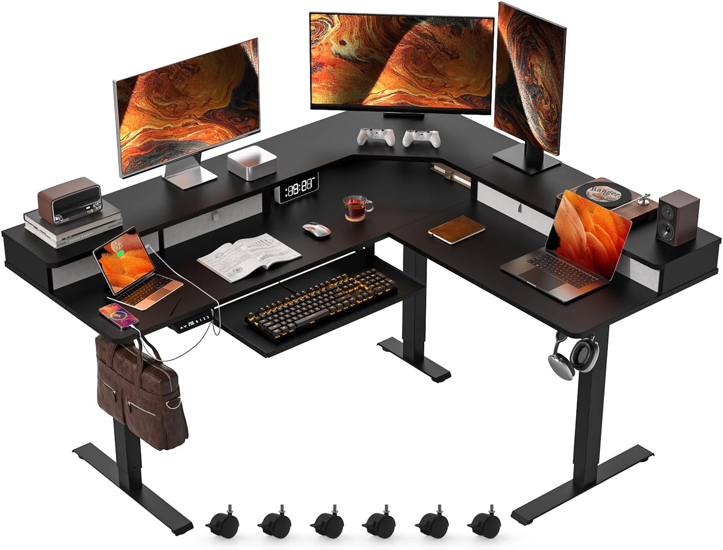Kingant 63″x55″ L Shaped Electric Standing Desk with A/C Charging Port & Storage, Height Adjustable Corner Computer Gaming Table, Home Office Sit Stand Up Desk & Cable Management, Black
