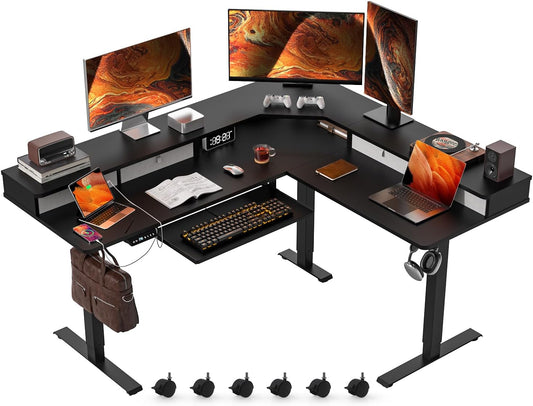 Kingant 63″x55″ L Shaped Electric Standing Desk with A/C Charging Port & Storage, Height Adjustable Corner Computer Gaming Table, Home Office Sit Stand Up Desk & Cable Management, Black