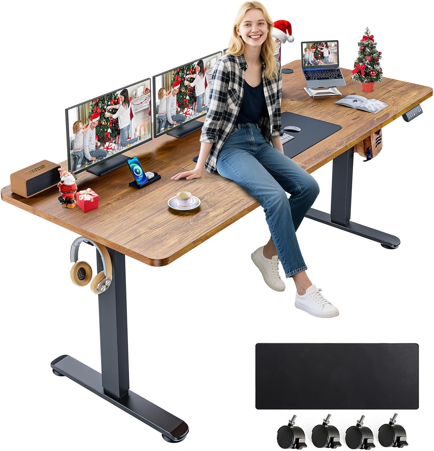 farexon Electric Standing Desk Adjustable Height, 63x24 Inches Computer Desk with Rolling Wheels, Mouse Pad,Spliced Table Tops,Multifunctional Stand up Desk for Home/Office(Oak Gray)