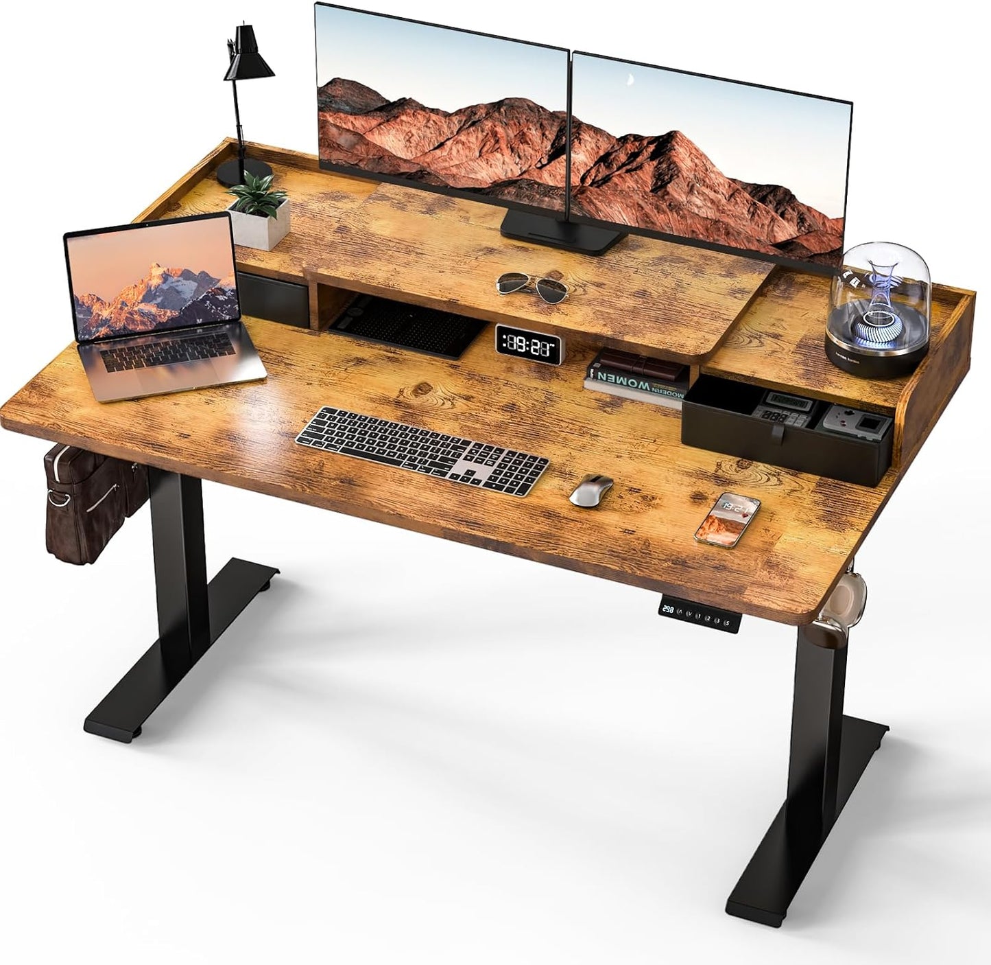 Electric Standing Desk with 2 Drawers 35''x 20'' Small Adjustable Height Sit to Stand Up Desk with Storage Shelf, C-Clamp Mount Compatible White Home Office Desks Computer Desk Ergonomic Workstation