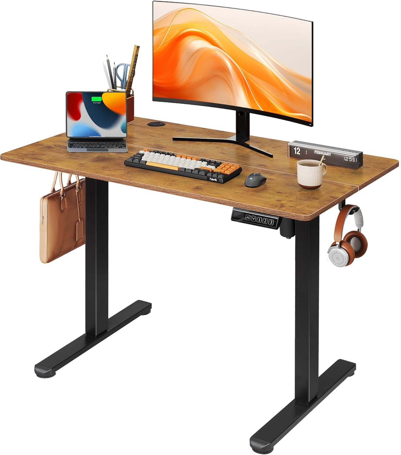 DEVAISE Electric Standing Desk, 63 X 28 Inches Adjustable Height Stand up Desk for Home Office, Large Ergonomic Sit to Stand Desk with Headphone Hook, 3 Memory Preset Computer Desk, Maple
