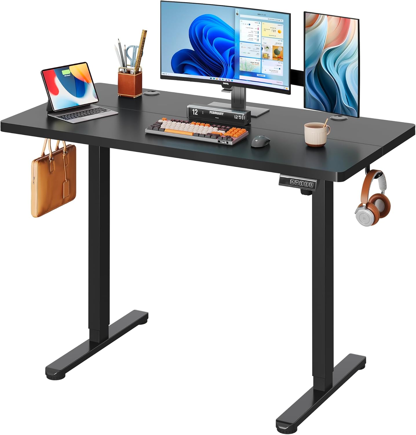 DEVAISE Electric Standing Desk, 63 X 28 Inches Adjustable Height Stand up Desk for Home Office, Large Ergonomic Sit to Stand Desk with Headphone Hook, 3 Memory Preset Computer Desk, Maple