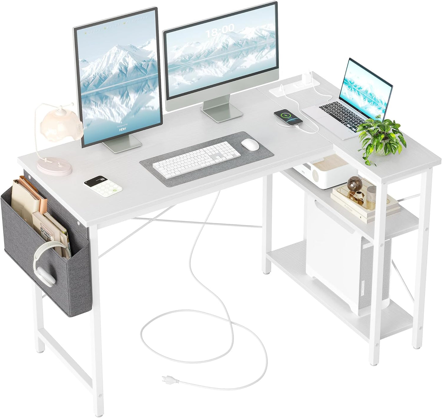 TIQLAB Small Computer Desk with Power Outlets, 40 Inch L Shaped Desk with Reversible Shelves, Gaming Desk Corner Desk Study Writing Table for Home Office Bedroom Living Room, Black