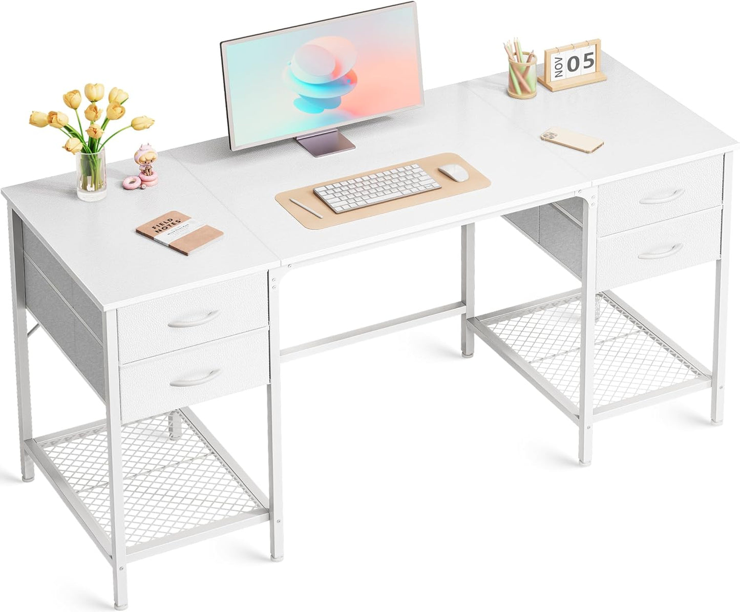Huuger 55 Inch Computer Desk with 4 Drawers, Office Desk with Mesh Shelf, Gaming Desk, Large Storage, Writing Desk Work Desk for Home Office, Study, Bedroom, Work from Home, Rustic Brown