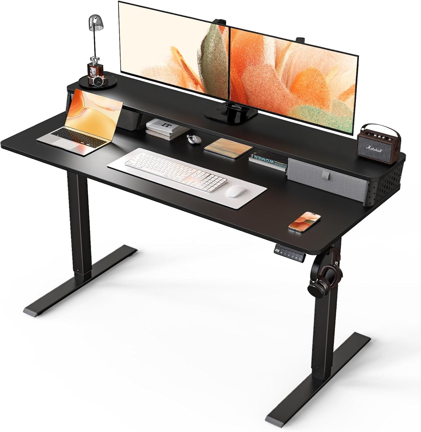 Electric Standing Desk with 2 Drawers 35''x 20'' Small Adjustable Height Sit to Stand Up Desk with Storage Shelf, C-Clamp Mount Compatible White Home Office Desks Computer Desk Ergonomic Workstation