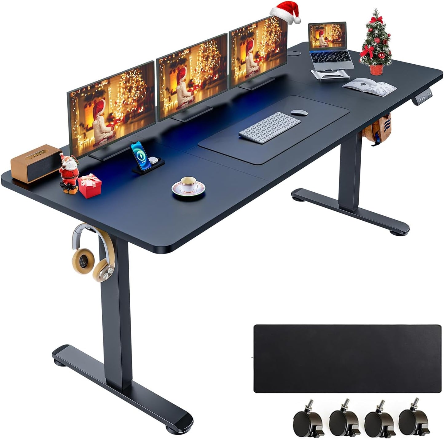 farexon Electric Standing Desk Adjustable Height, 63x24 Inches Computer Desk with Rolling Wheels, Mouse Pad,Spliced Table Tops,Multifunctional Stand up Desk for Home/Office(Oak Gray)