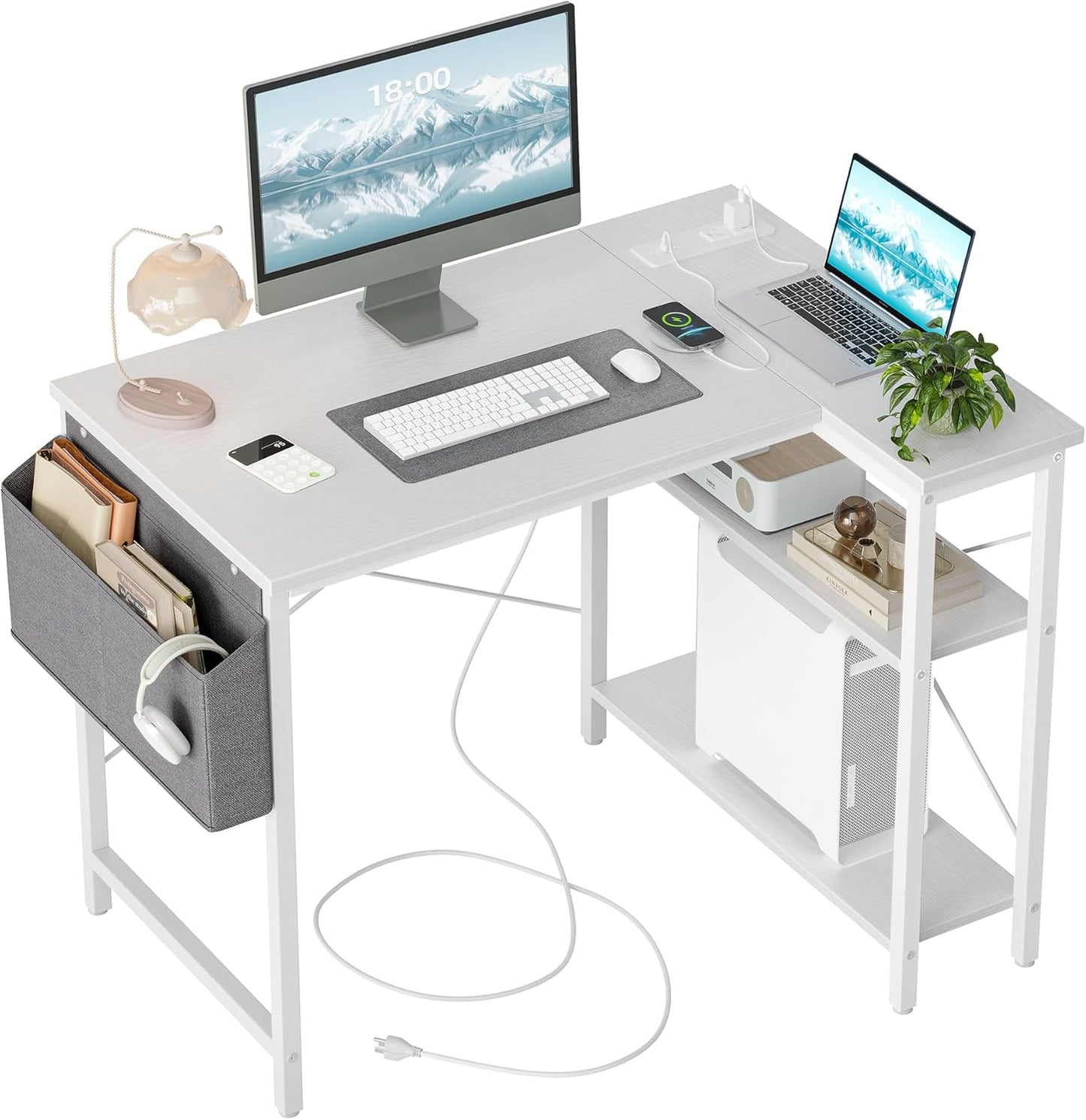TIQLAB Small Computer Desk with Power Outlets, 40 Inch L Shaped Desk with Reversible Shelves, Gaming Desk Corner Desk Study Writing Table for Home Office Bedroom Living Room, Black