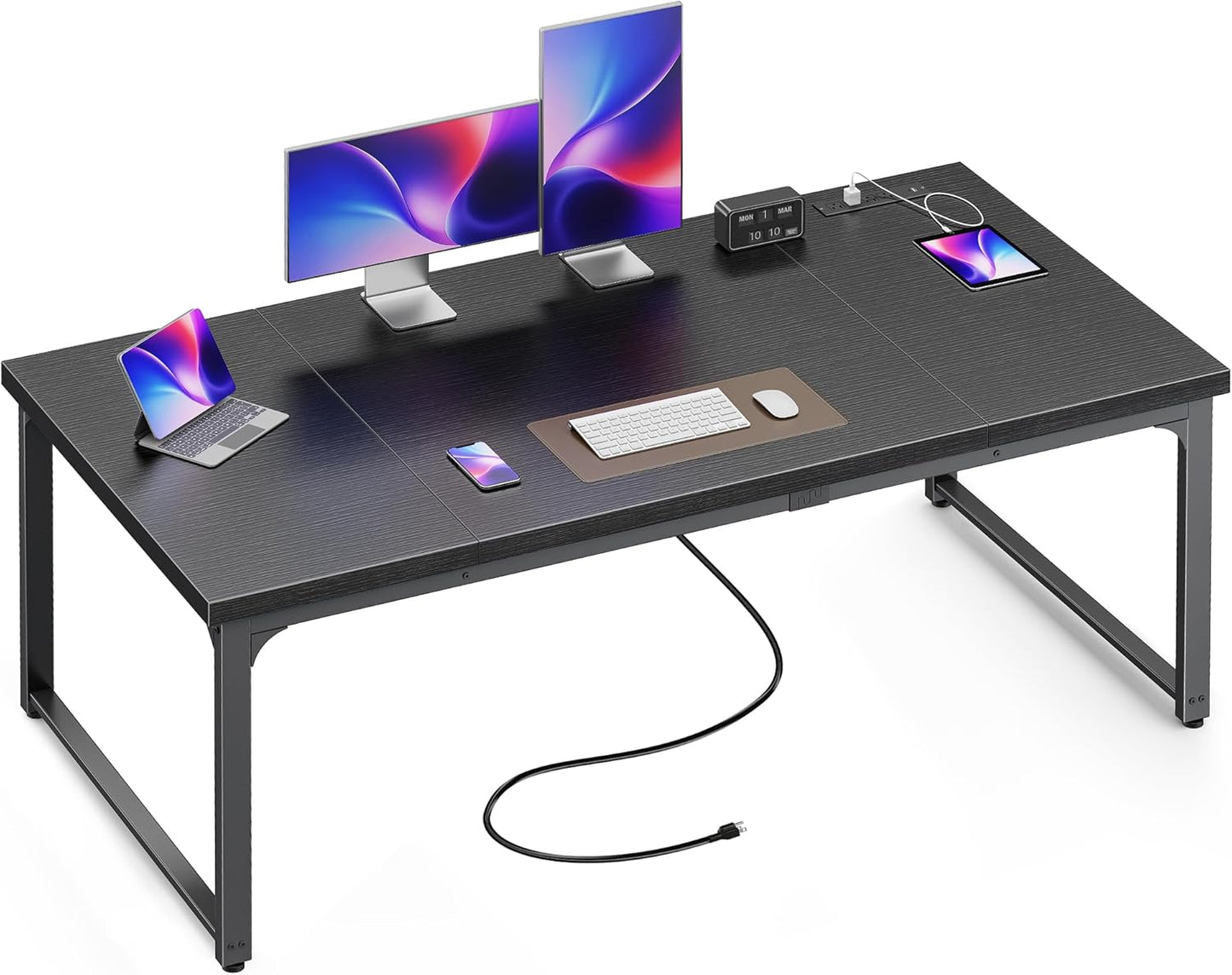 Huuger 63 x 24 inch Desk with Power Outlets & USB-C, Deeper & Thicker Desktop, Robust Metal Tubes, Computer Desk, Heavy Duty Office Desk, Work Gaming Desk, for Home Office, Black