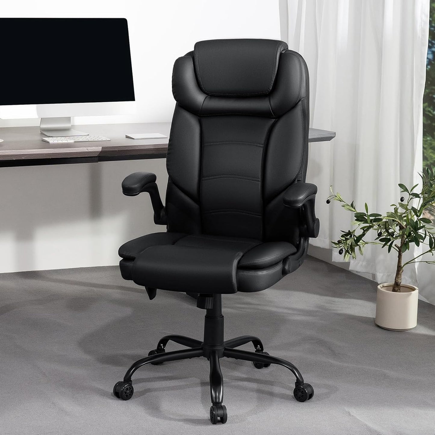 Executive Office Chair Big and Tall 450lbs Heavy Duty Office Chair with Adjustable Lumbar Support High Back Ergonomic Home Computer Leather Chair with Padded Flip-up Arms for Heavy People,Black