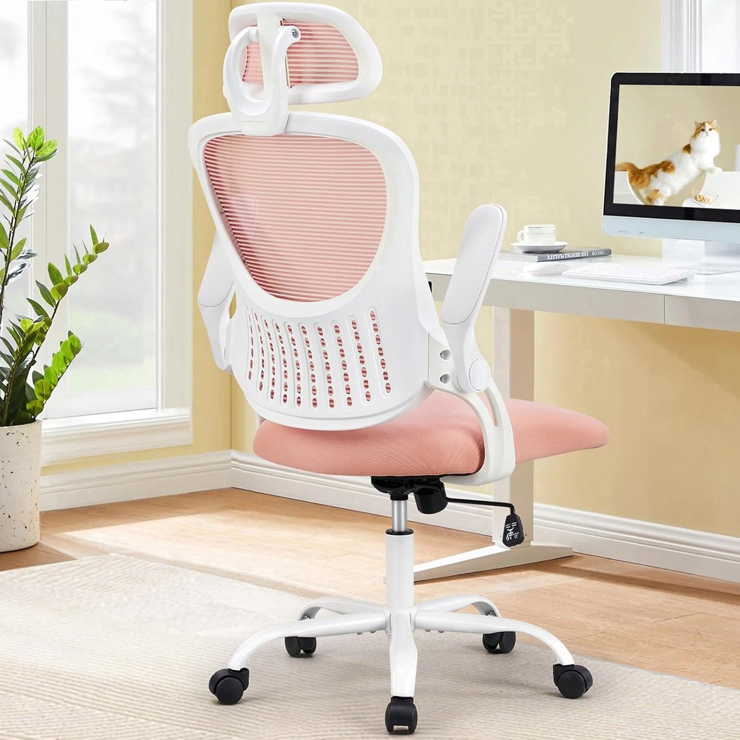 Sweetcrispy Office Computer Desk Chair, Ergonomic High-Back Mesh Rolling Work Chairs with Wheels and Adjustable Headrests, Comfortable Lumbar Support, Comfy Flip-up Arms for Home,Bedroom,Study, Black