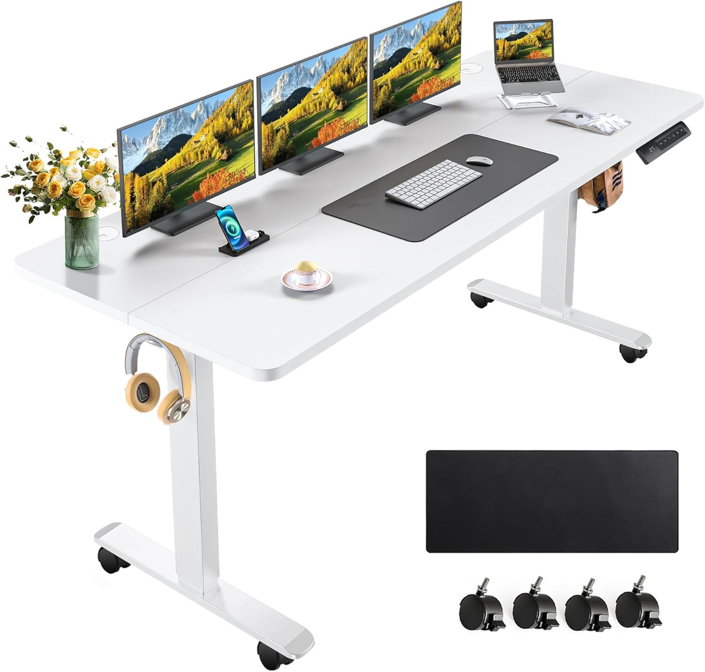 farexon Electric Standing Desk Adjustable Height, 63x24 Inches Computer Desk with Rolling Wheels, Mouse Pad,Spliced Table Tops,Multifunctional Stand up Desk for Home/Office(Oak Gray)