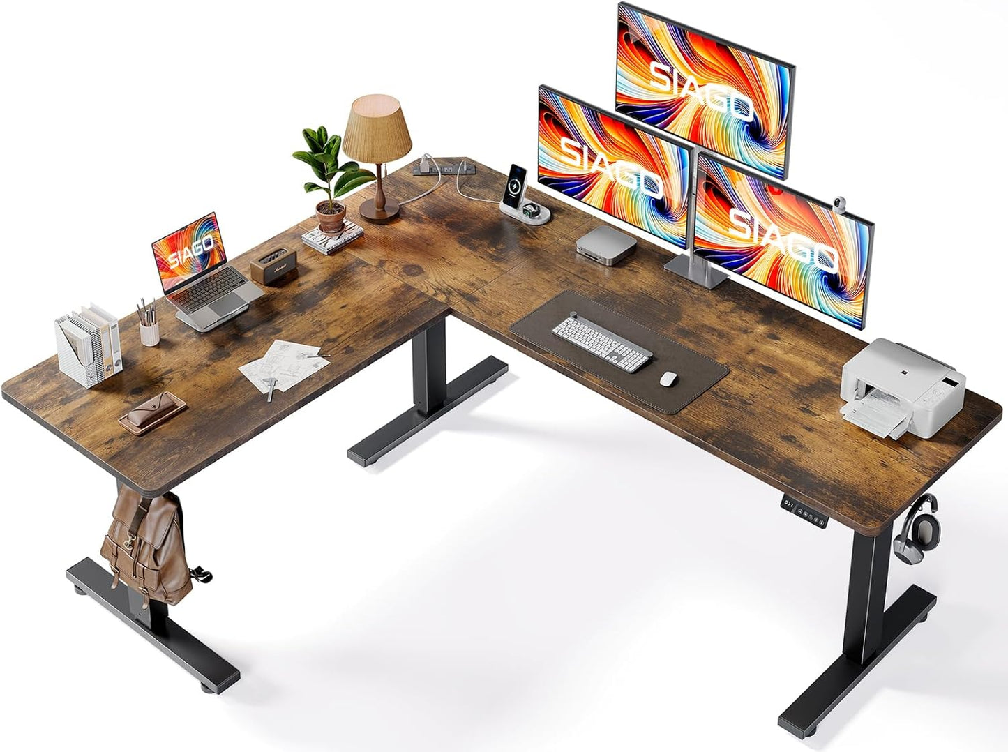 SIAGO L-Shaped Standing Desk - 63 x 55 Inch Adjustable Corner Standing Desk with Charging Station - L Shape Sit Stand Table with Memory Controller, Splice Board for Home Office