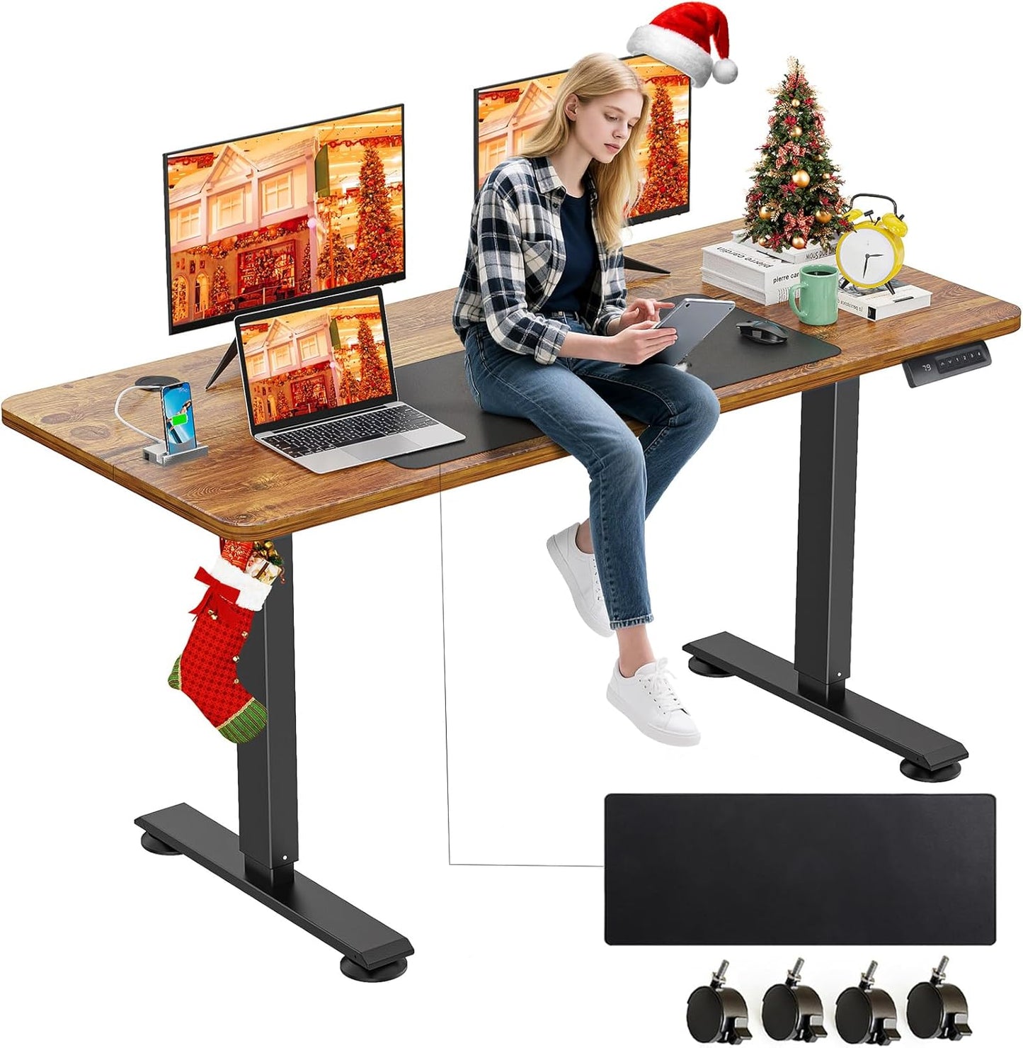 farexon Electric Standing Desk Adjustable Height, 63x24 Inches Computer Desk with Rolling Wheels, Mouse Pad,Spliced Table Tops,Multifunctional Stand up Desk for Home/Office(Oak Gray)