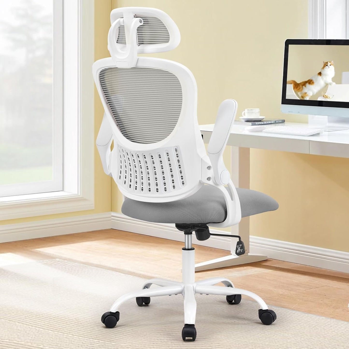Sweetcrispy Office Computer Desk Chair, Ergonomic High-Back Mesh Rolling Work Chairs with Wheels and Adjustable Headrests, Comfortable Lumbar Support, Comfy Flip-up Arms for Home,Bedroom,Study, Black