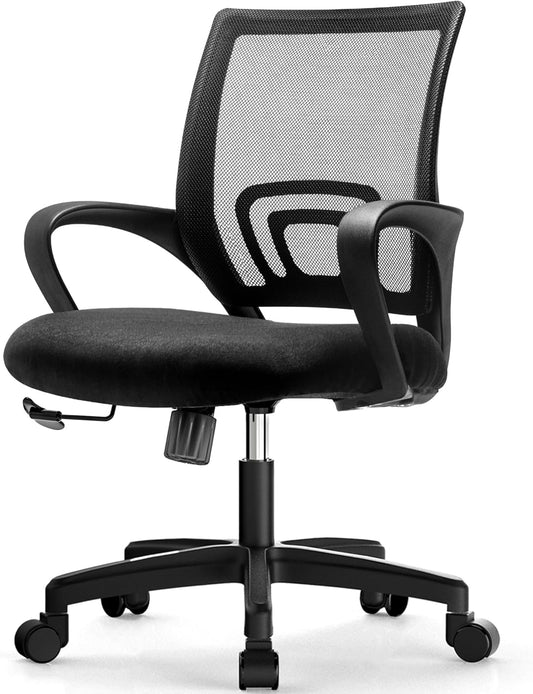 Office Chair with Ergonomic Mid Back Cushion Lumbar Support Adjustable Swivel Rolling Computer Gaming Desk Chair Comfy Mesh Seat Wheels Home Executive Use (1, All Black)