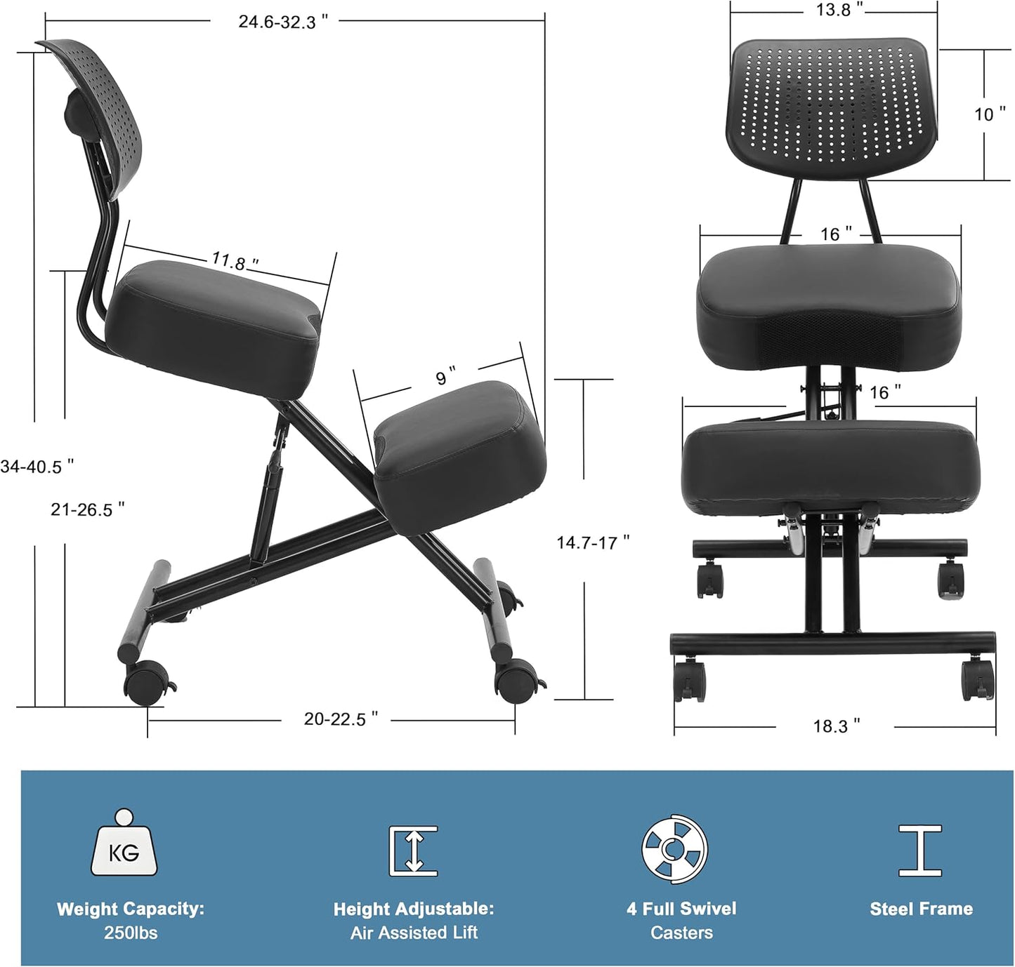 Ergonomic Kneeling Chair with Back Support, Kneeling Desk Chair for Home Office with Brake and Gliding Casters, Adjustable Posture Chair with High Back for Desk to Relieve Back Pain, Black PU