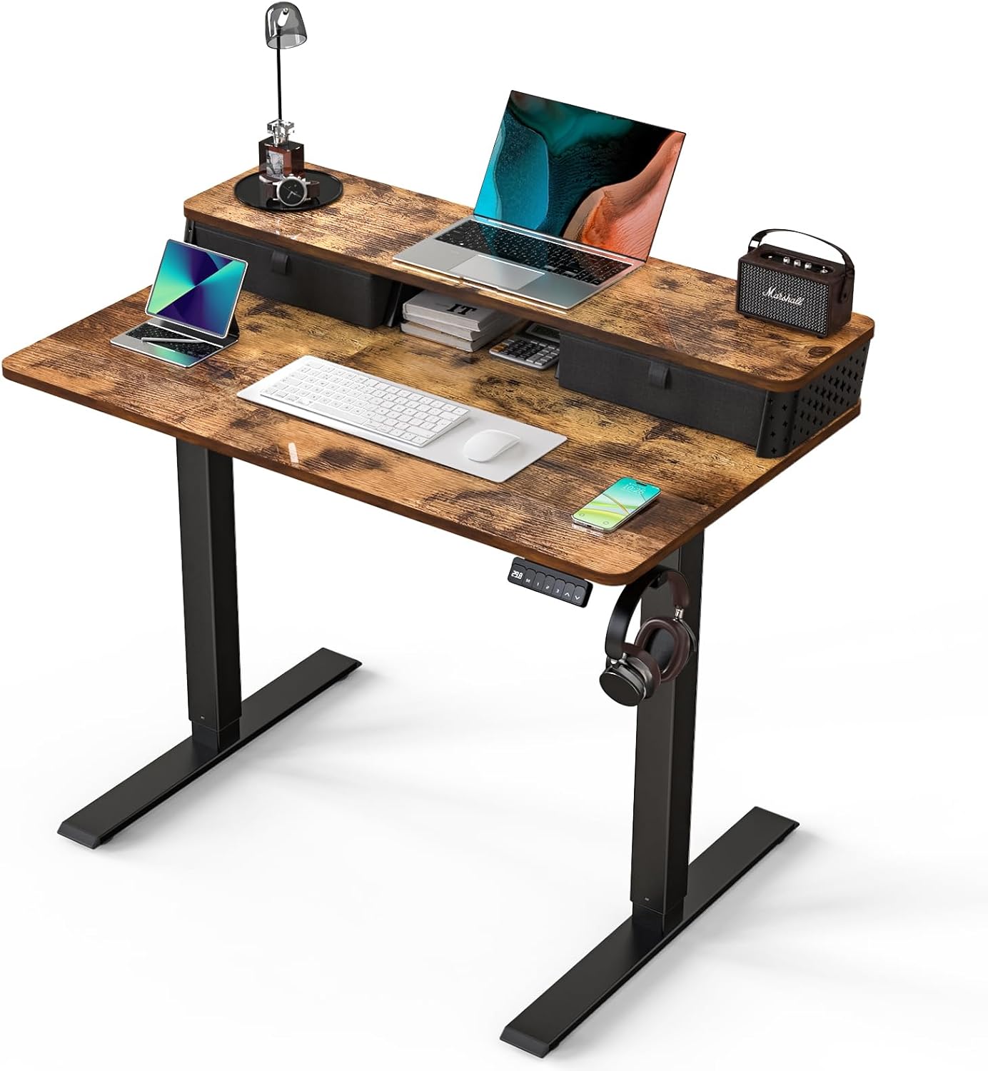 Electric Standing Desk with 2 Drawers 35''x 20'' Small Adjustable Height Sit to Stand Up Desk with Storage Shelf, C-Clamp Mount Compatible White Home Office Desks Computer Desk Ergonomic Workstation