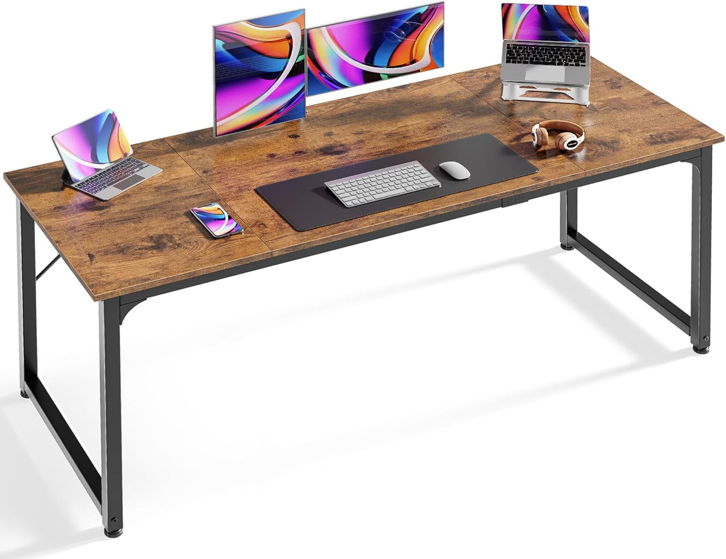 Huuger Computer Desk, 70 Inch Office Desk, Gaming Desk with Storage, Writing Desk Work Desk for Home Office, Study, Long Simple Desk, Large Legroom, Metal Frame, Rustic Brown and Black