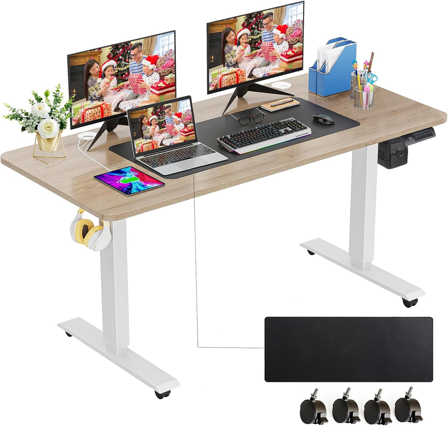 farexon Electric Standing Desk Adjustable Height, 63x24 Inches Computer Desk with Rolling Wheels, Mouse Pad,Spliced Table Tops,Multifunctional Stand up Desk for Home/Office(Oak Gray)