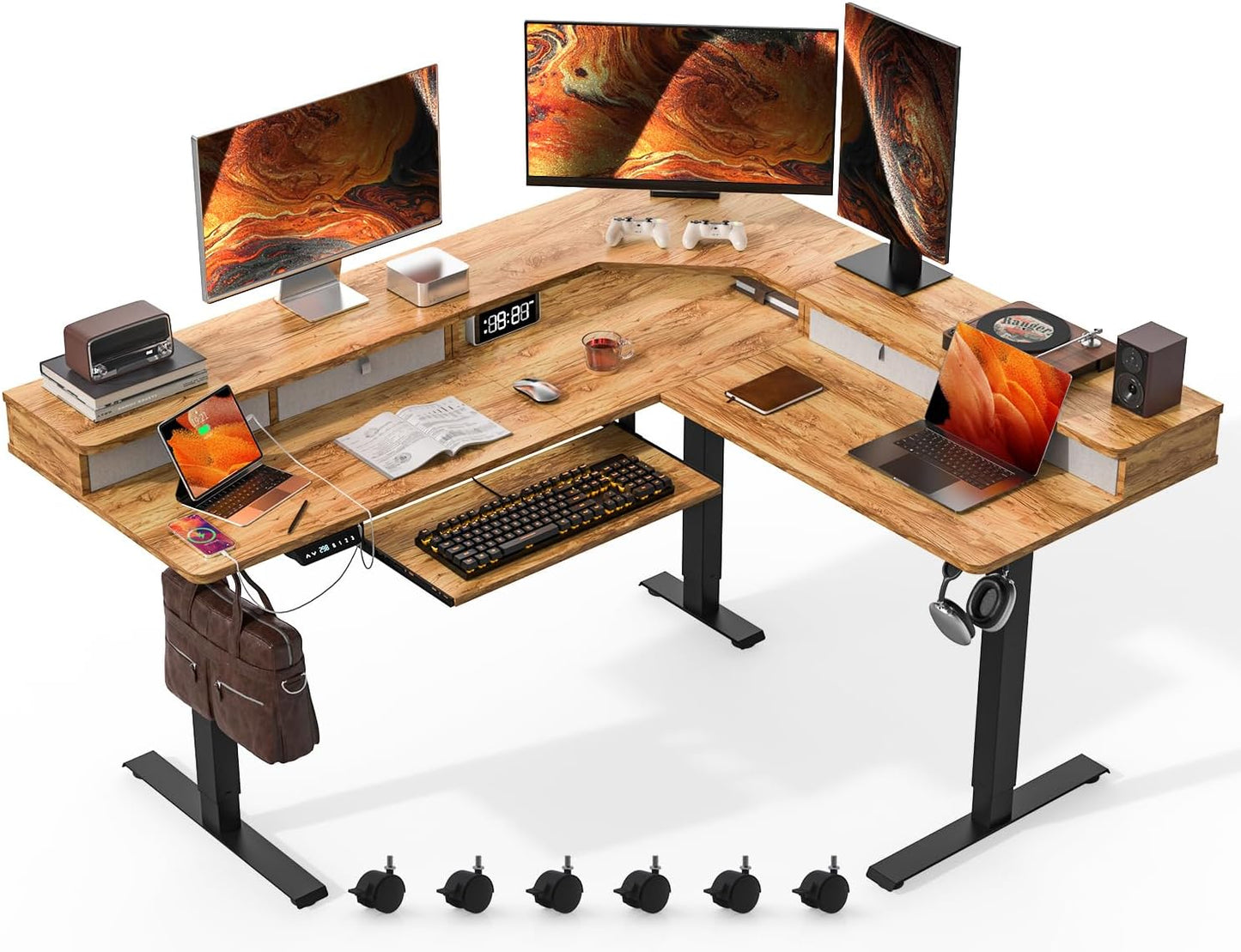 Kingant 63″x55″ L Shaped Electric Standing Desk with A/C Charging Port & Storage, Height Adjustable Corner Computer Gaming Table, Home Office Sit Stand Up Desk & Cable Management, Black