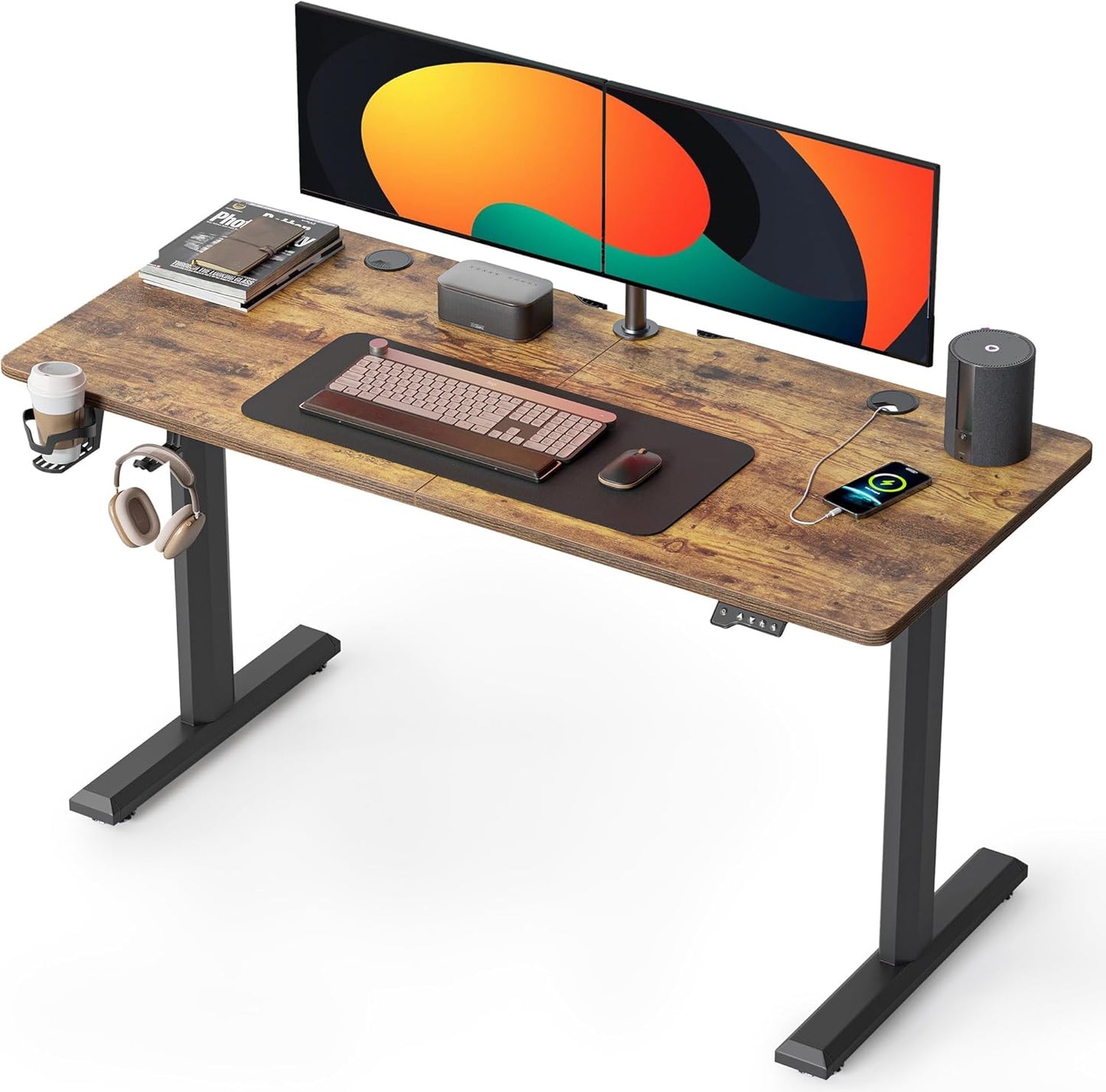 FEZIBO Height Adjustable Electric Standing Desk, 55 x 24 Inches Stand up Table, Sit Stand Home Office Desk with Splice Board, White