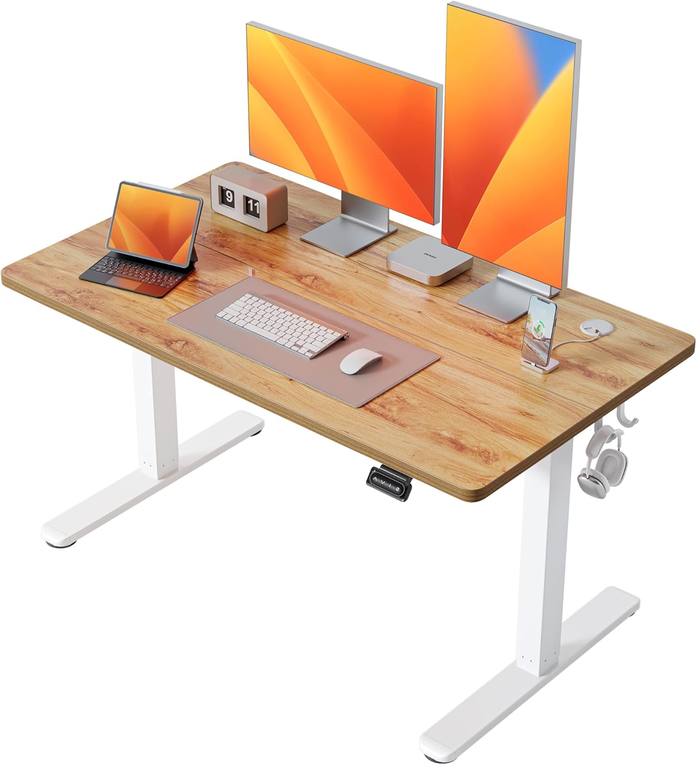 FEZIBO 40 x 24 Inchs Electric Standing Desk, Height Adjustable, Sit Stand Up, Computer Office Desk with Splice Board, White Frame/Light Rustic Top