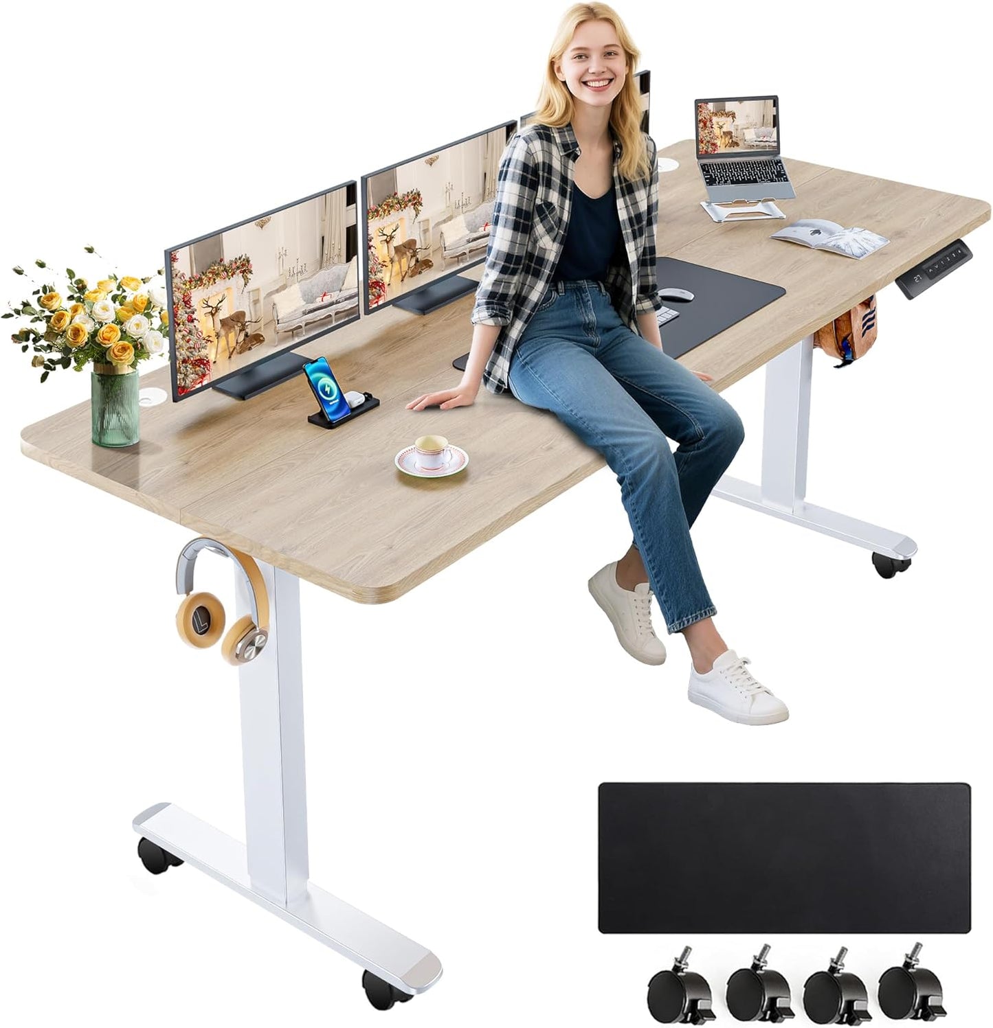 farexon Electric Standing Desk Adjustable Height, 63x24 Inches Computer Desk with Rolling Wheels, Mouse Pad,Spliced Table Tops,Multifunctional Stand up Desk for Home/Office(Oak Gray)