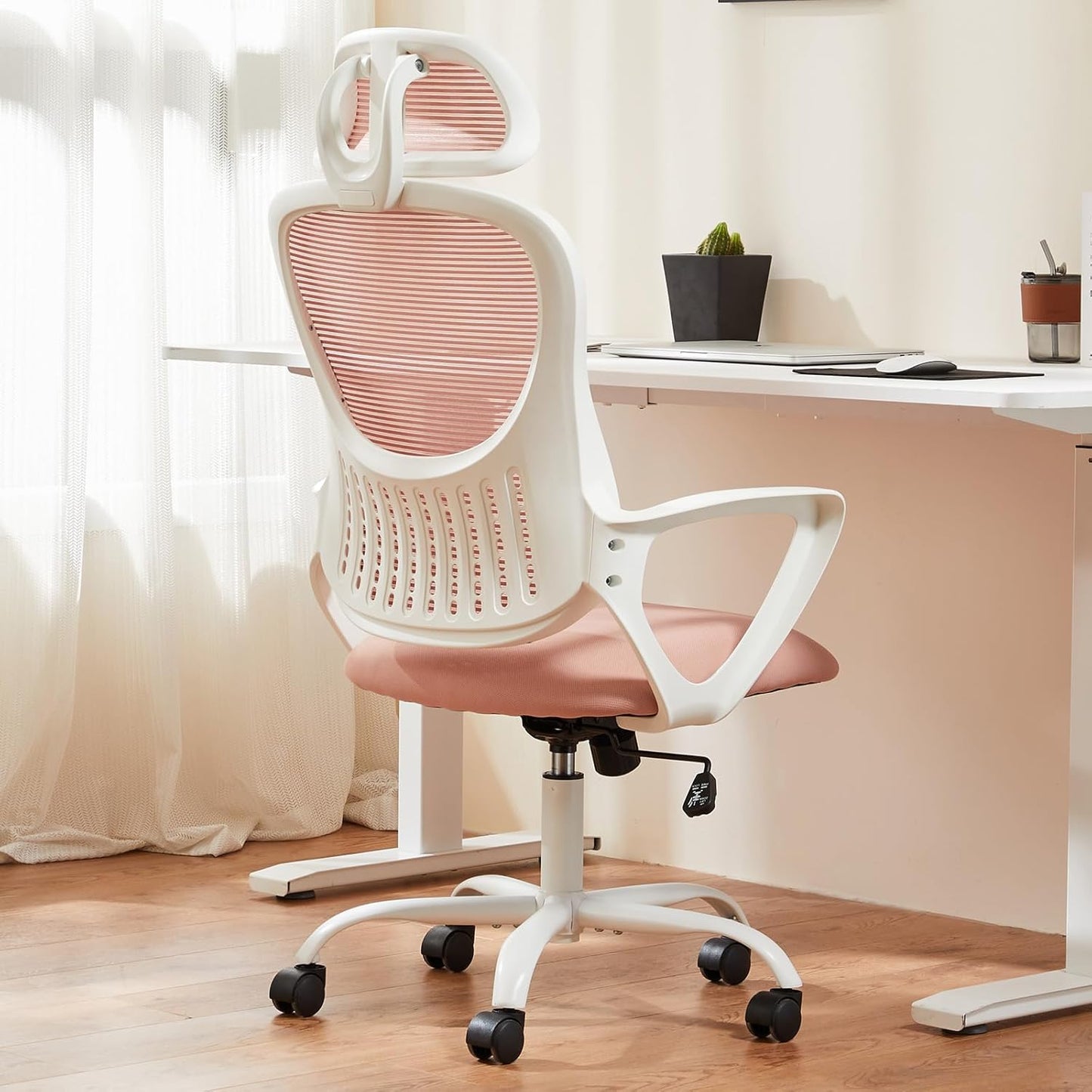 Sweetcrispy Office Computer Desk Chair, Ergonomic High-Back Mesh Rolling Work Chairs with Wheels and Adjustable Headrests, Comfortable Lumbar Support, Comfy Flip-up Arms for Home,Bedroom,Study, Black