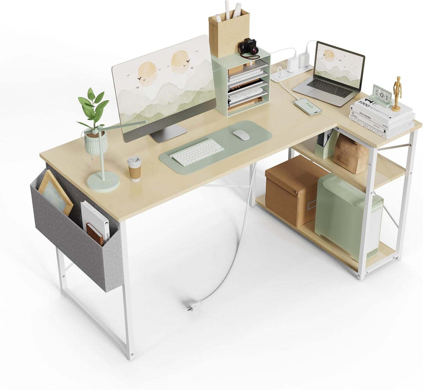 TIQLAB Small Computer Desk with Power Outlets, 40 Inch L Shaped Desk with Reversible Shelves, Gaming Desk Corner Desk Study Writing Table for Home Office Bedroom Living Room, Black