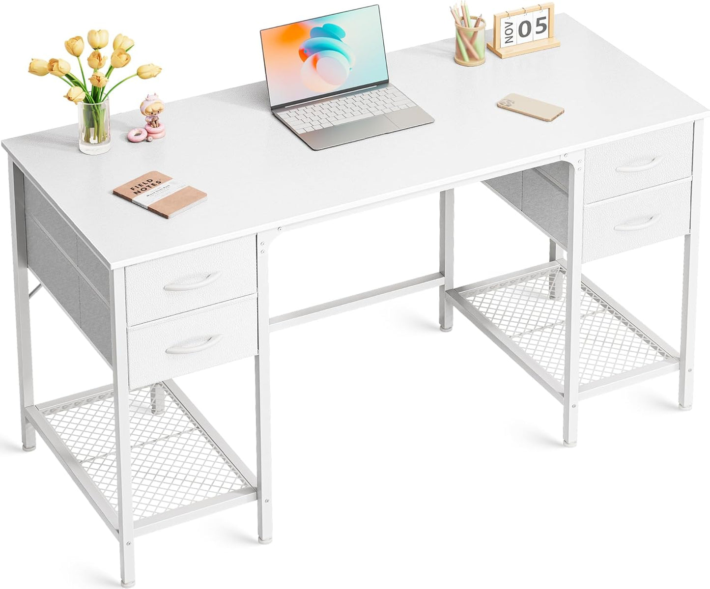 Huuger 55 Inch Computer Desk with 4 Drawers, Office Desk with Mesh Shelf, Gaming Desk, Large Storage, Writing Desk Work Desk for Home Office, Study, Bedroom, Work from Home, Rustic Brown