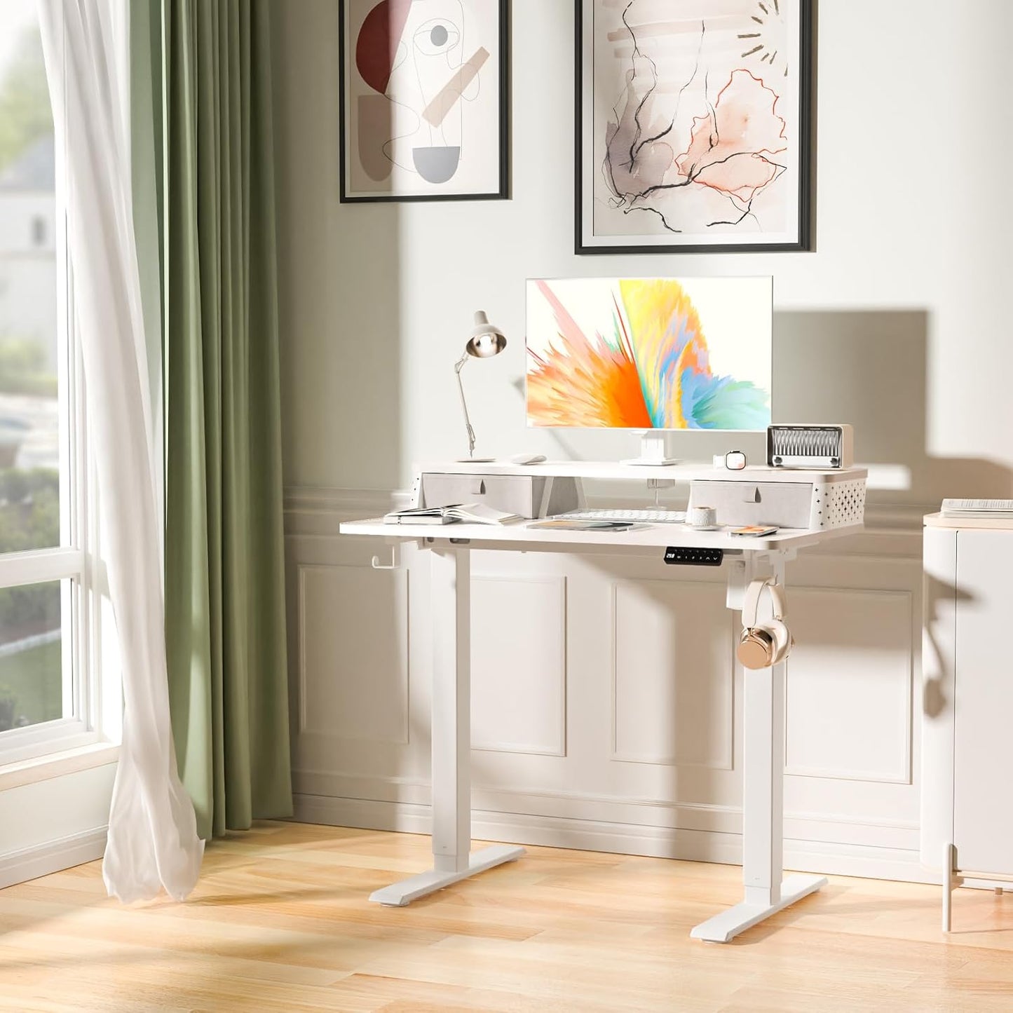 Electric Standing Desk with 2 Drawers 35''x 20'' Small Adjustable Height Sit to Stand Up Desk with Storage Shelf, C-Clamp Mount Compatible White Home Office Desks Computer Desk Ergonomic Workstation