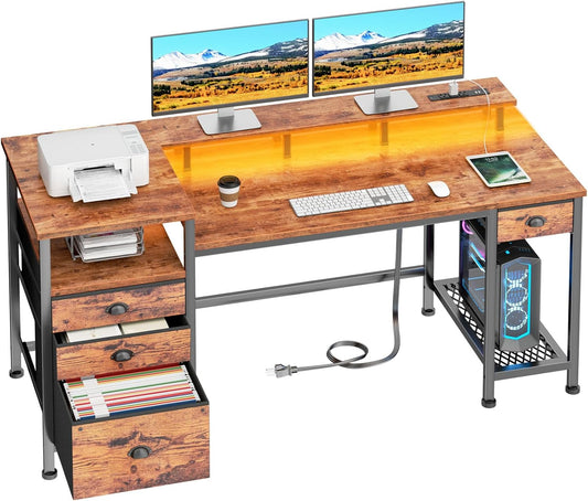 Furologee 60" Office Computer Desk with 4 Drawers,Gaming Desk with LED Lights and Power Outlets,Long Desk with Fabric File Cabinet,Study Work Table with Shelf for Bedroom Home Office,Rustic Brown