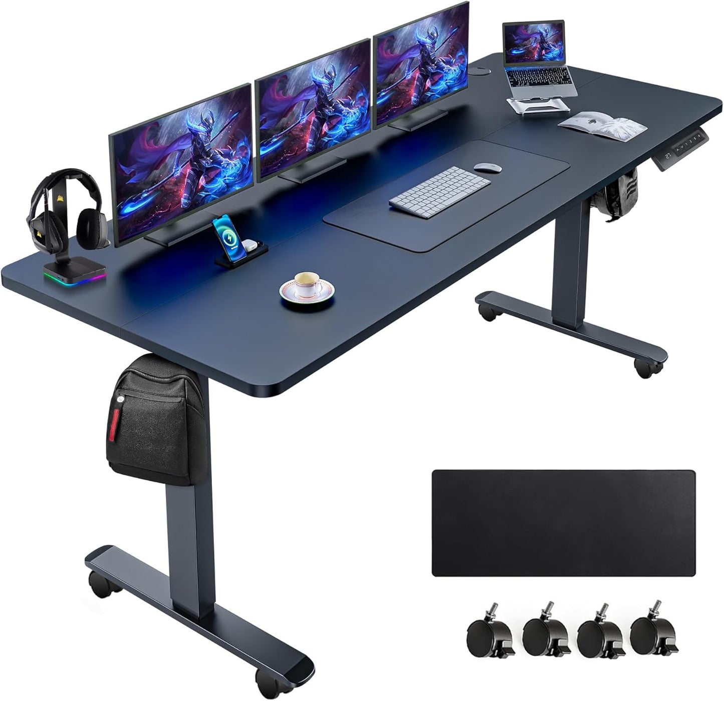 farexon Electric Standing Desk Adjustable Height, 63x24 Inches Computer Desk with Rolling Wheels, Mouse Pad,Spliced Table Tops,Multifunctional Stand up Desk for Home/Office(Oak Gray)