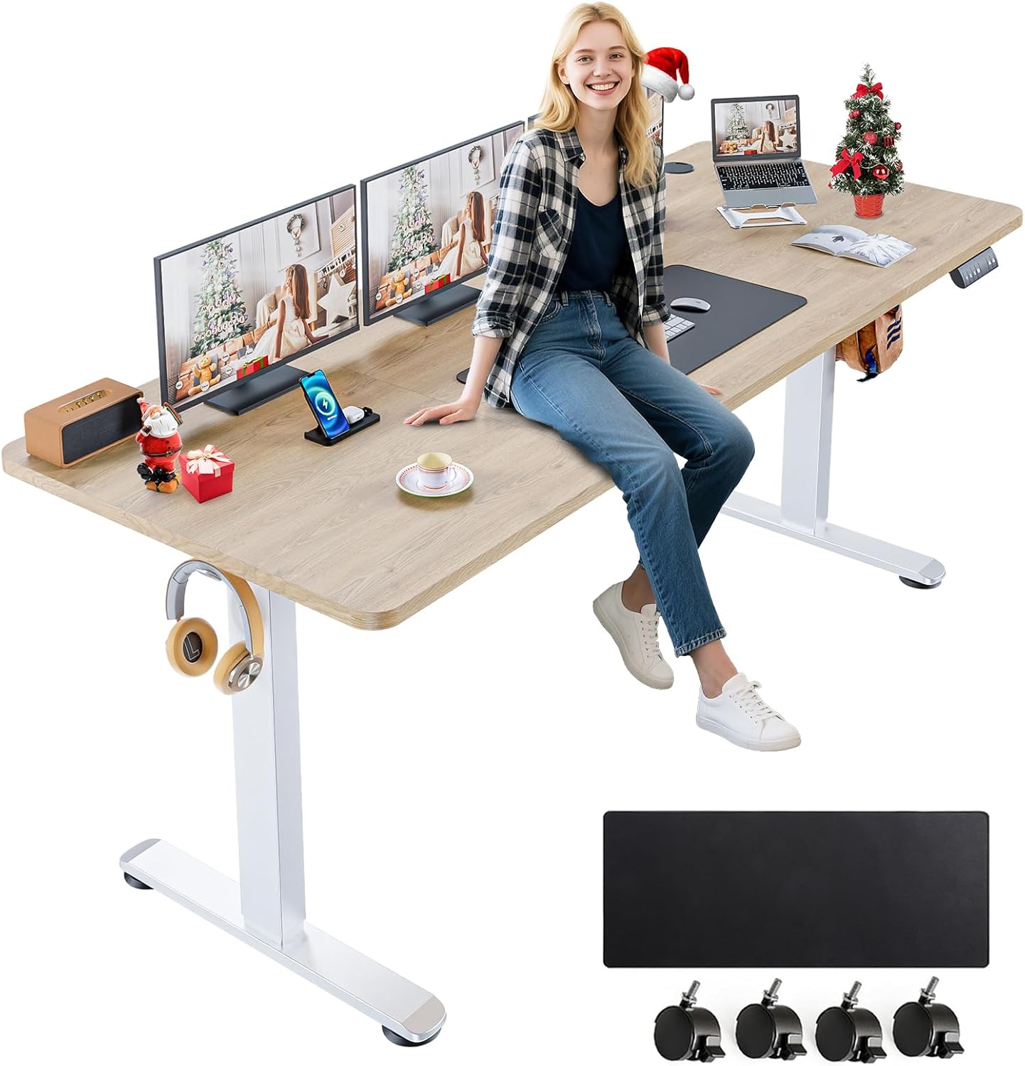 farexon Electric Standing Desk Adjustable Height, 63x24 Inches Computer Desk with Rolling Wheels, Mouse Pad,Spliced Table Tops,Multifunctional Stand up Desk for Home/Office(Oak Gray)