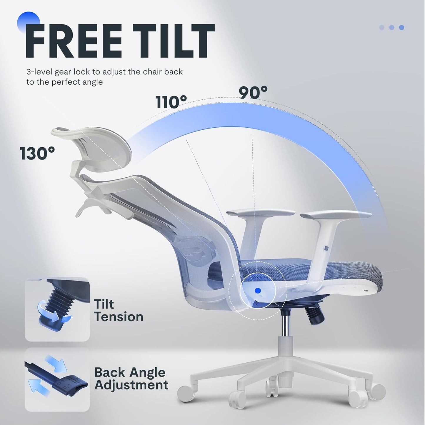 FLEXISPOT Classic Ergonomic Office Chair with High Back Swivel Computer Chair Executive Office Desk Chairs, with Lumbar Support/2D Headrest/Lockable Tilt Function, Foam Seat Cushion, White+Gray