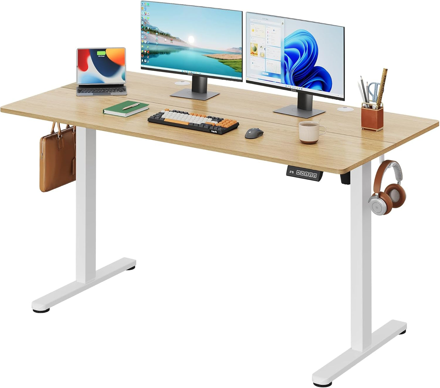 DEVAISE Electric Standing Desk, 63 X 28 Inches Adjustable Height Stand up Desk for Home Office, Large Ergonomic Sit to Stand Desk with Headphone Hook, 3 Memory Preset Computer Desk, Maple
