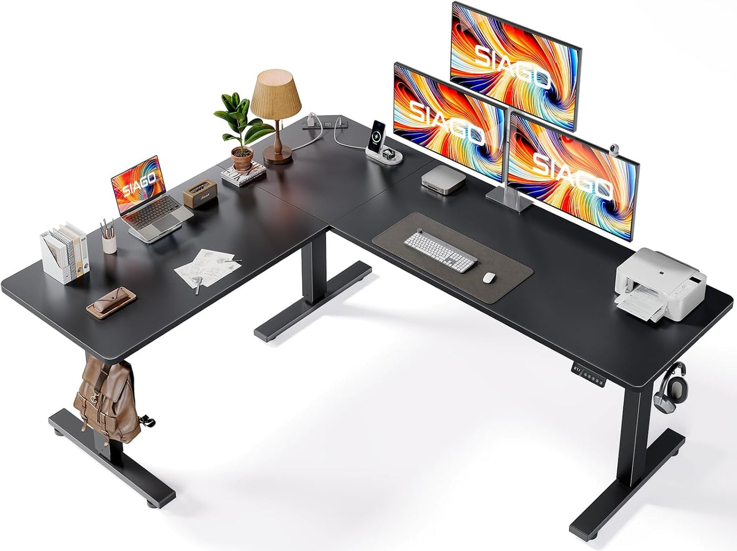 SIAGO L-Shaped Standing Desk - 63 x 55 Inch Adjustable Corner Standing Desk with Charging Station - L Shape Sit Stand Table with Memory Controller, Splice Board for Home Office