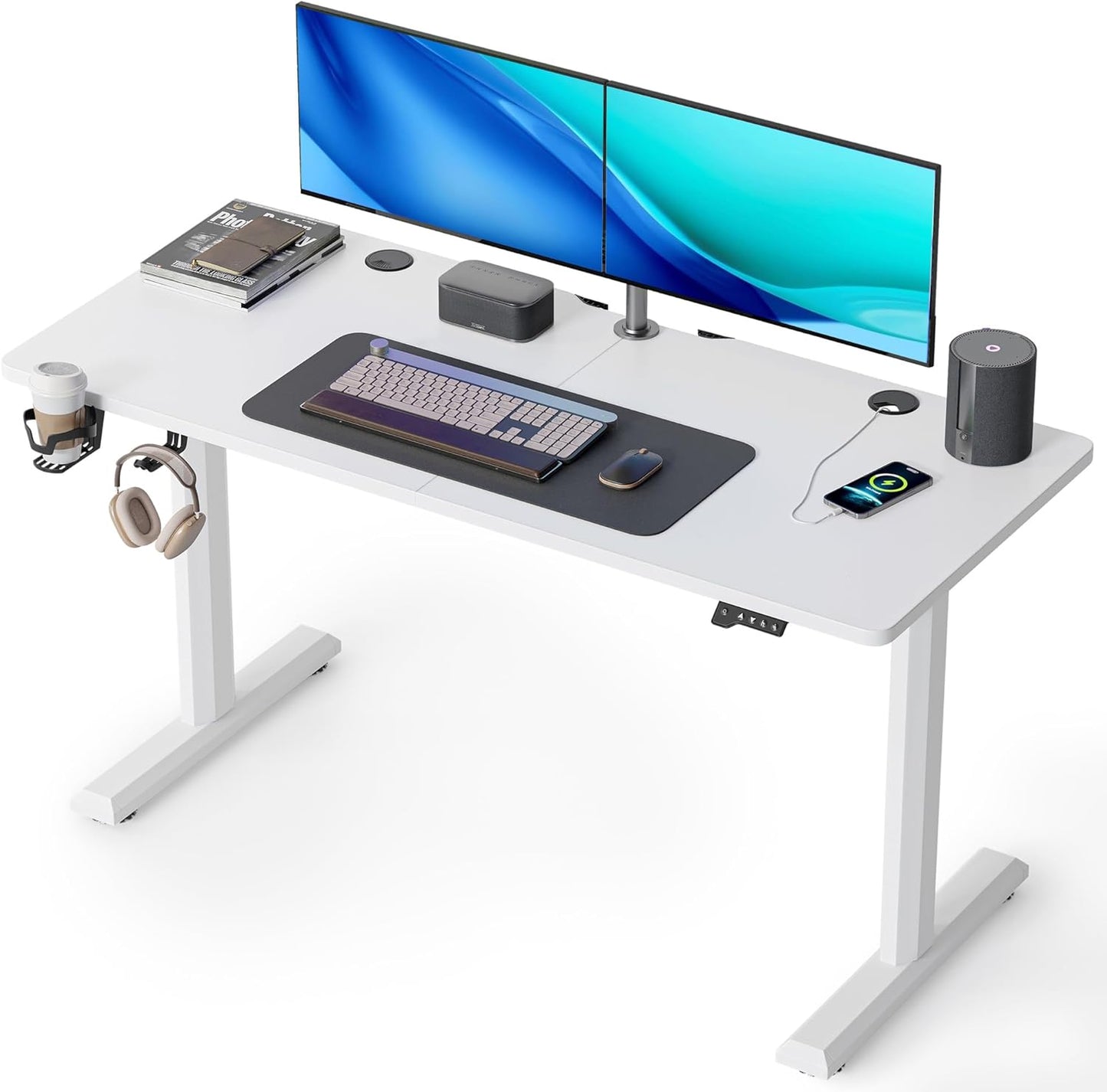 FEZIBO Height Adjustable Electric Standing Desk, 55 x 24 Inches Stand up Table, Sit Stand Home Office Desk with Splice Board, White