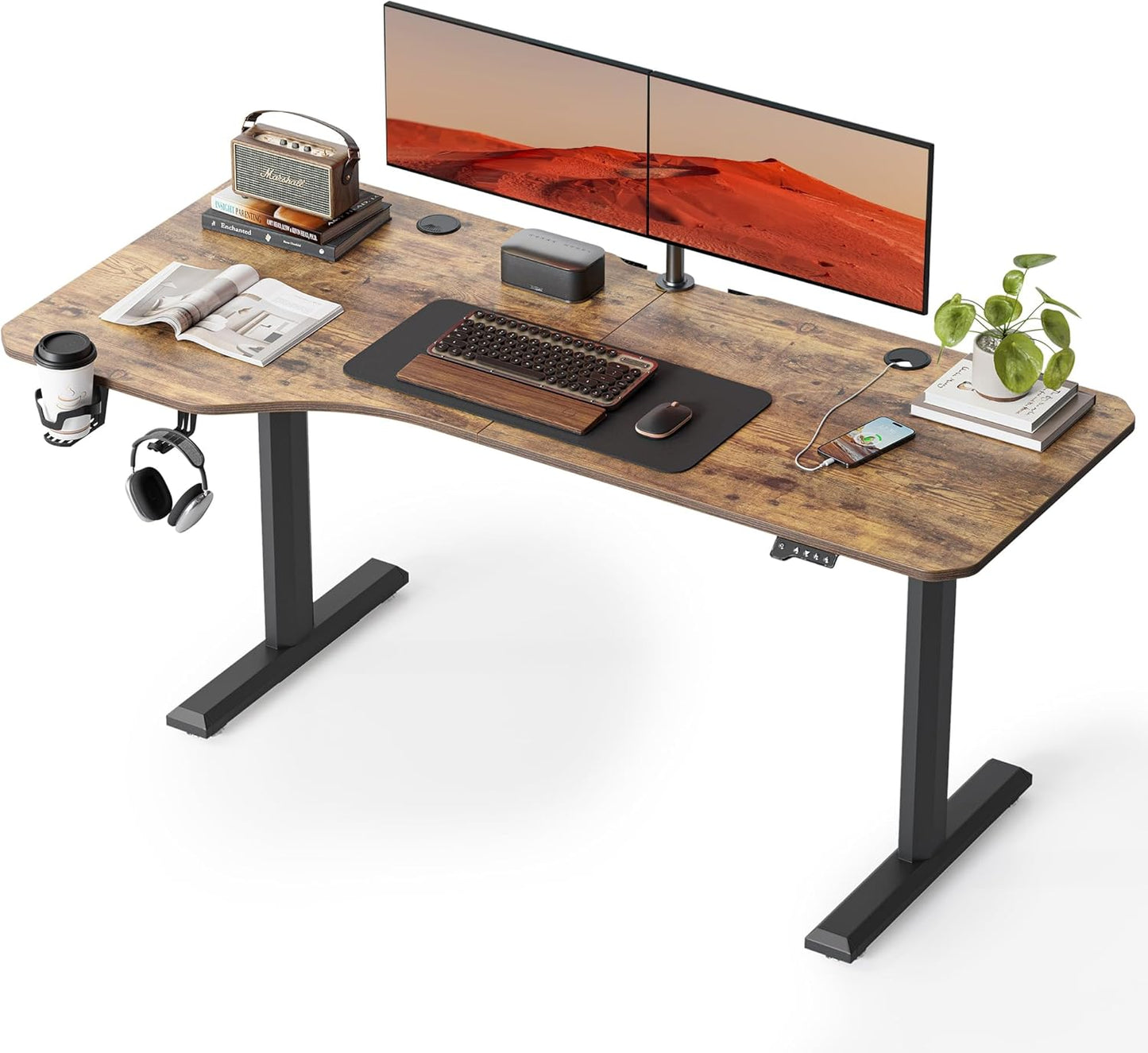 FEZIBO 40 x 24 Inchs Electric Standing Desk, Height Adjustable, Sit Stand Up, Computer Office Desk with Splice Board, White Frame/Light Rustic Top