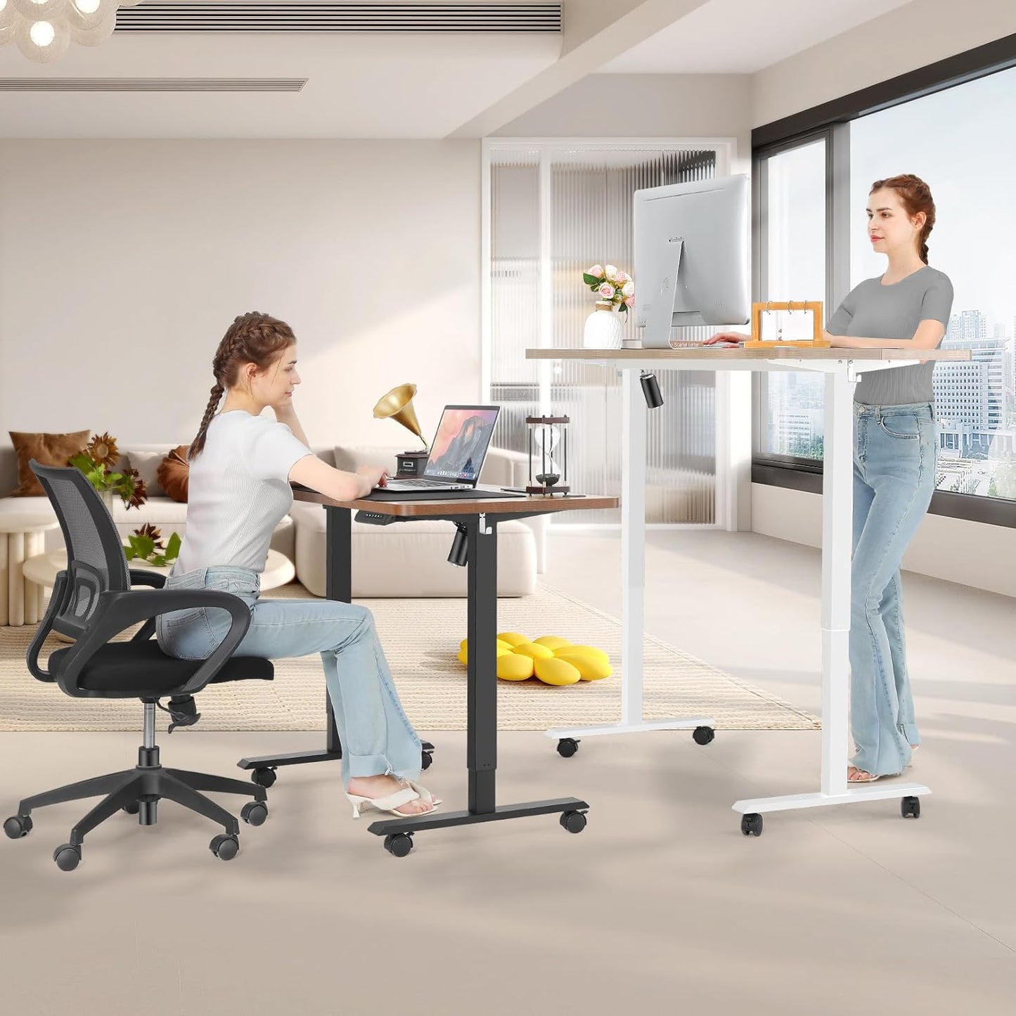 farexon Electric Standing Desk Adjustable Height, 63x24 Inches Computer Desk with Rolling Wheels, Mouse Pad,Spliced Table Tops,Multifunctional Stand up Desk for Home/Office(Oak Gray)