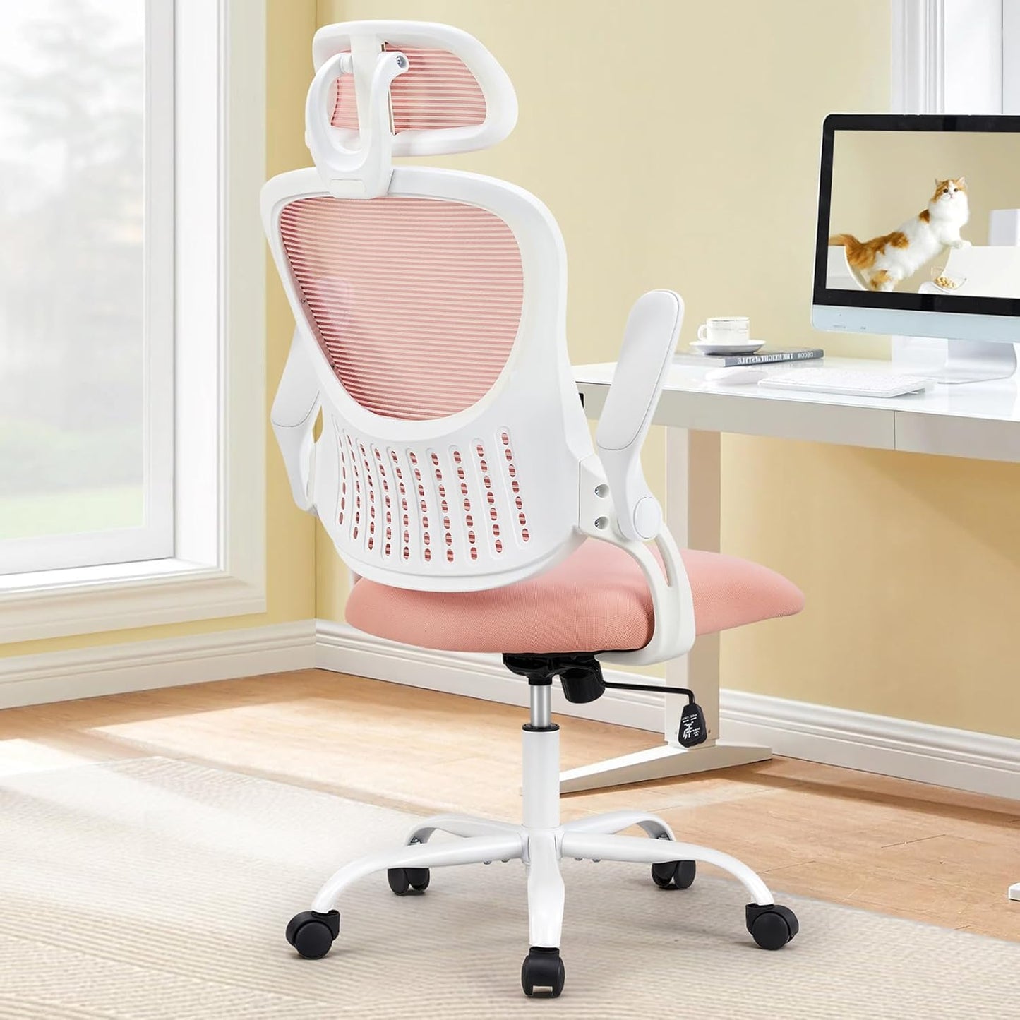 Sweetcrispy Office Computer Desk Chair, Ergonomic High-Back Mesh Rolling Work Chairs with Wheels and Adjustable Headrests, Comfortable Lumbar Support, Comfy Flip-up Arms for Home,Bedroom,Study, Black