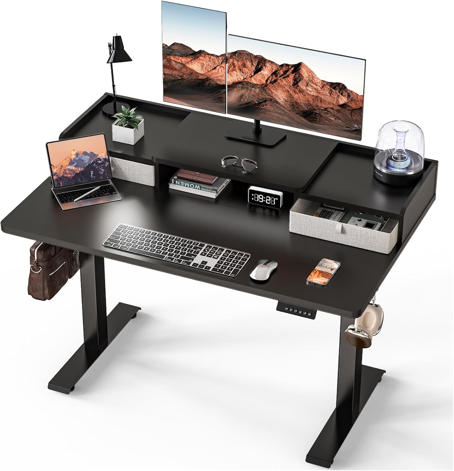 Electric Standing Desk with 2 Drawers 35''x 20'' Small Adjustable Height Sit to Stand Up Desk with Storage Shelf, C-Clamp Mount Compatible White Home Office Desks Computer Desk Ergonomic Workstation