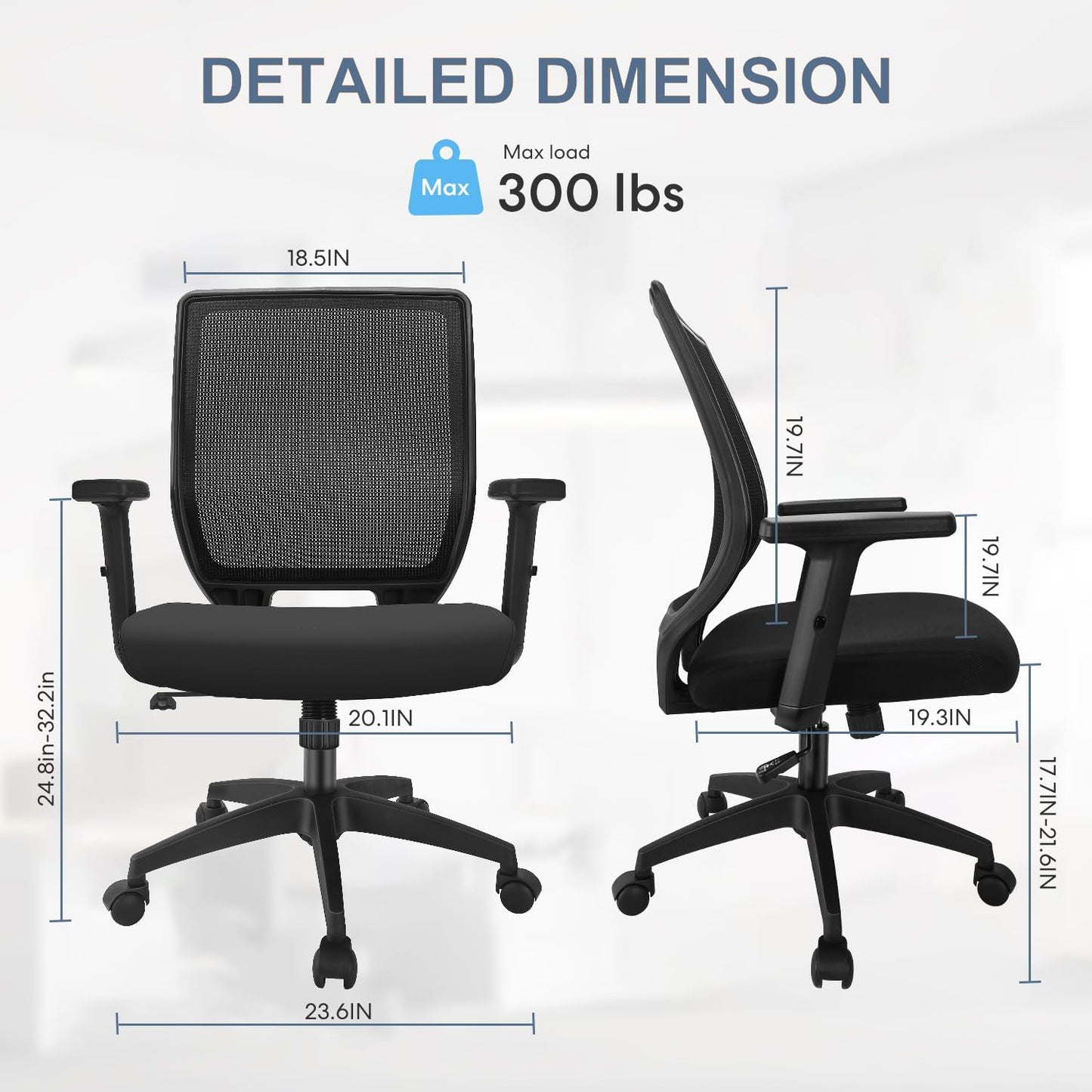 Ergonomic Office Chair Home Mesh Desk Chair with Adjustable Arms - Mid Back Computer Chairs for Adults - Swivel Task Chair Comfortable for Home Office (Black)